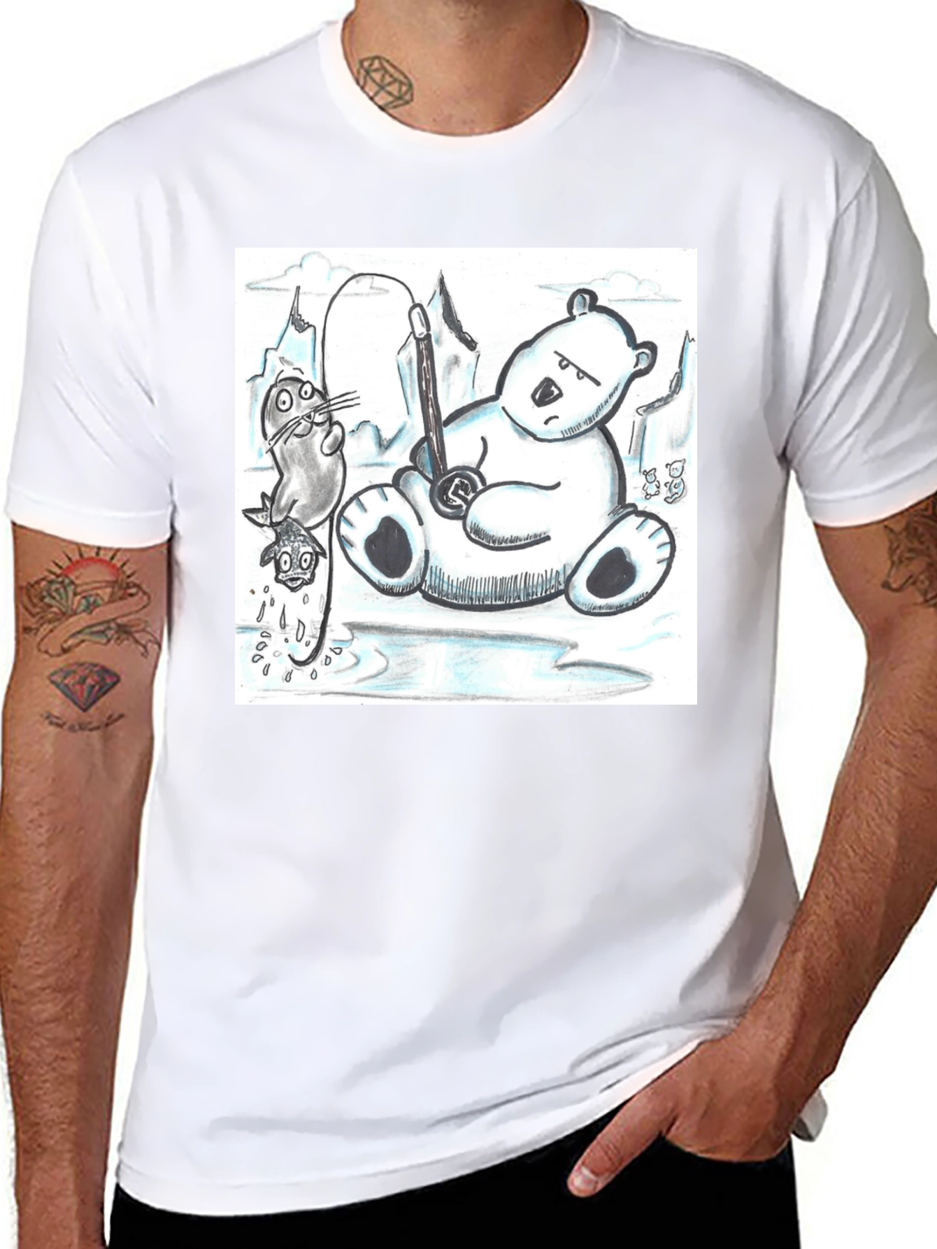 Black Cartoon Graphic Tee: Polar Bear Fishing view 8