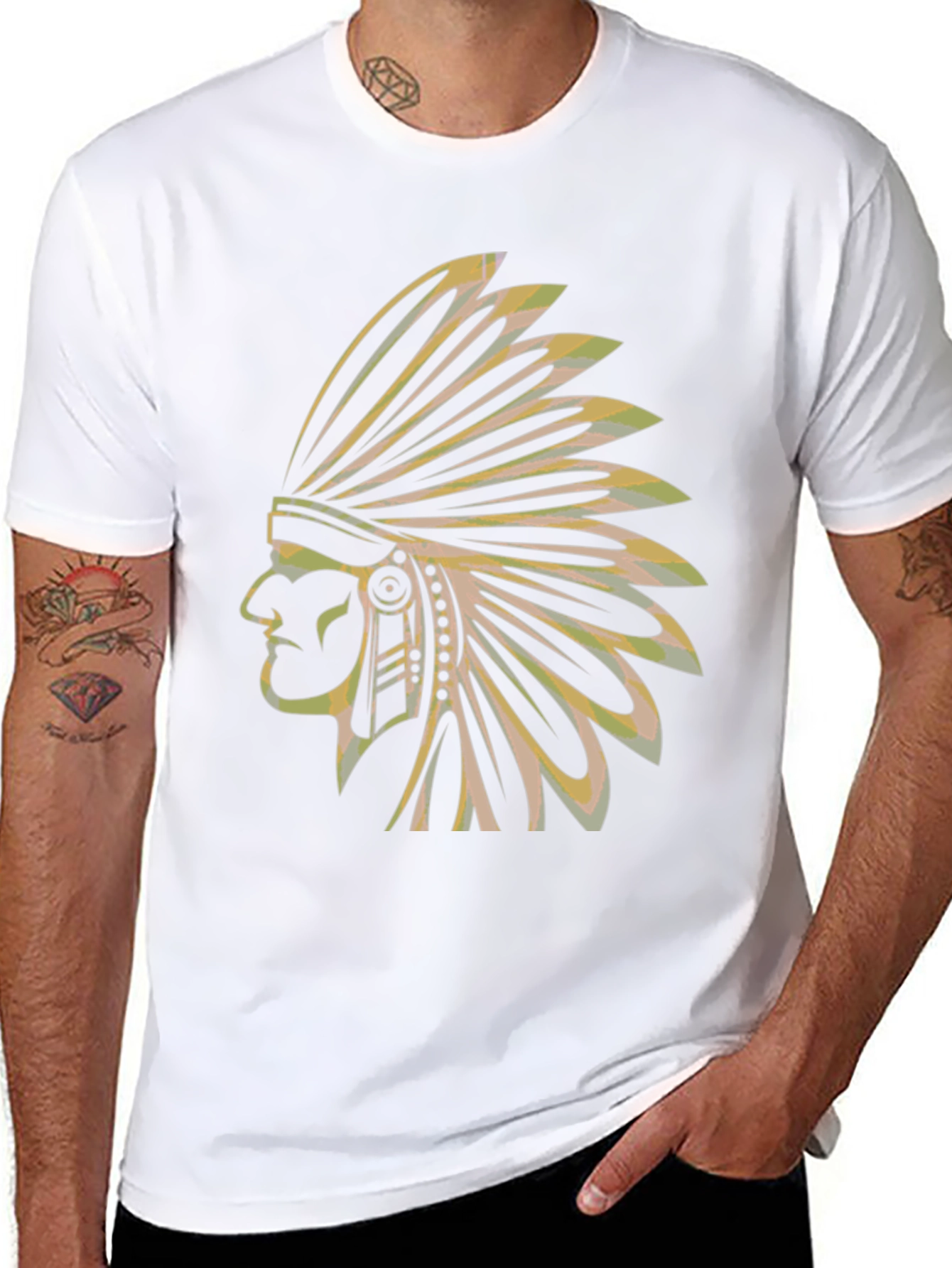 Black Men's Black T-Shirt with Native American Chief Graphic view 8