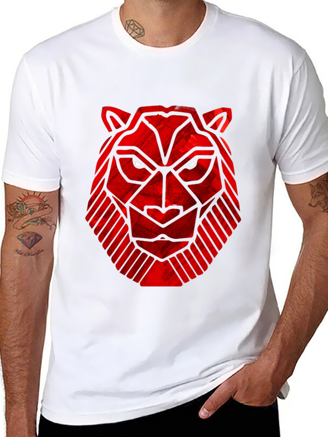 Black Geometric Red Tiger Graphic Black T-Shirt view 8