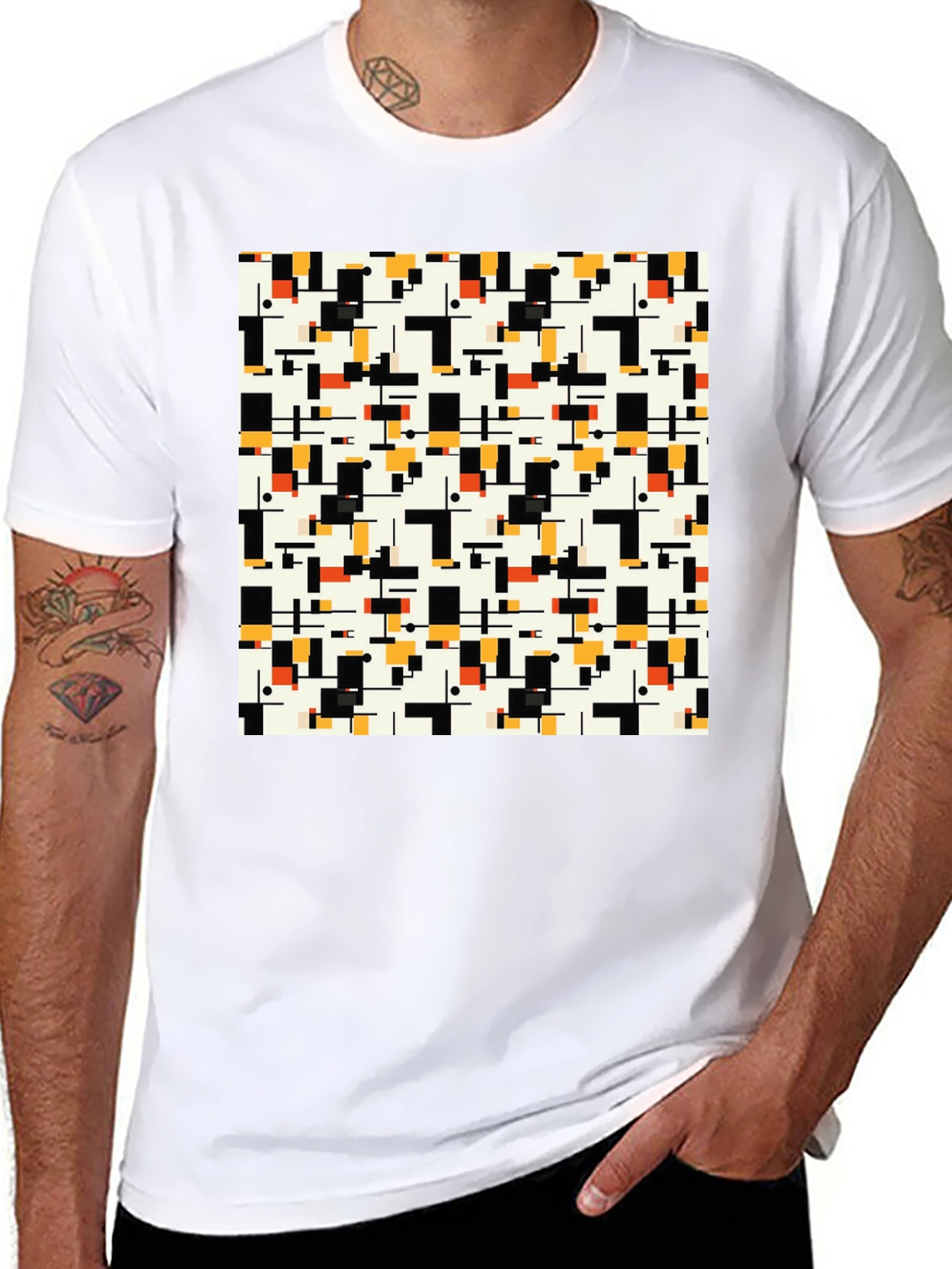 Black Geometric Pattern T-Shirt - Modern Abstract Design view 8