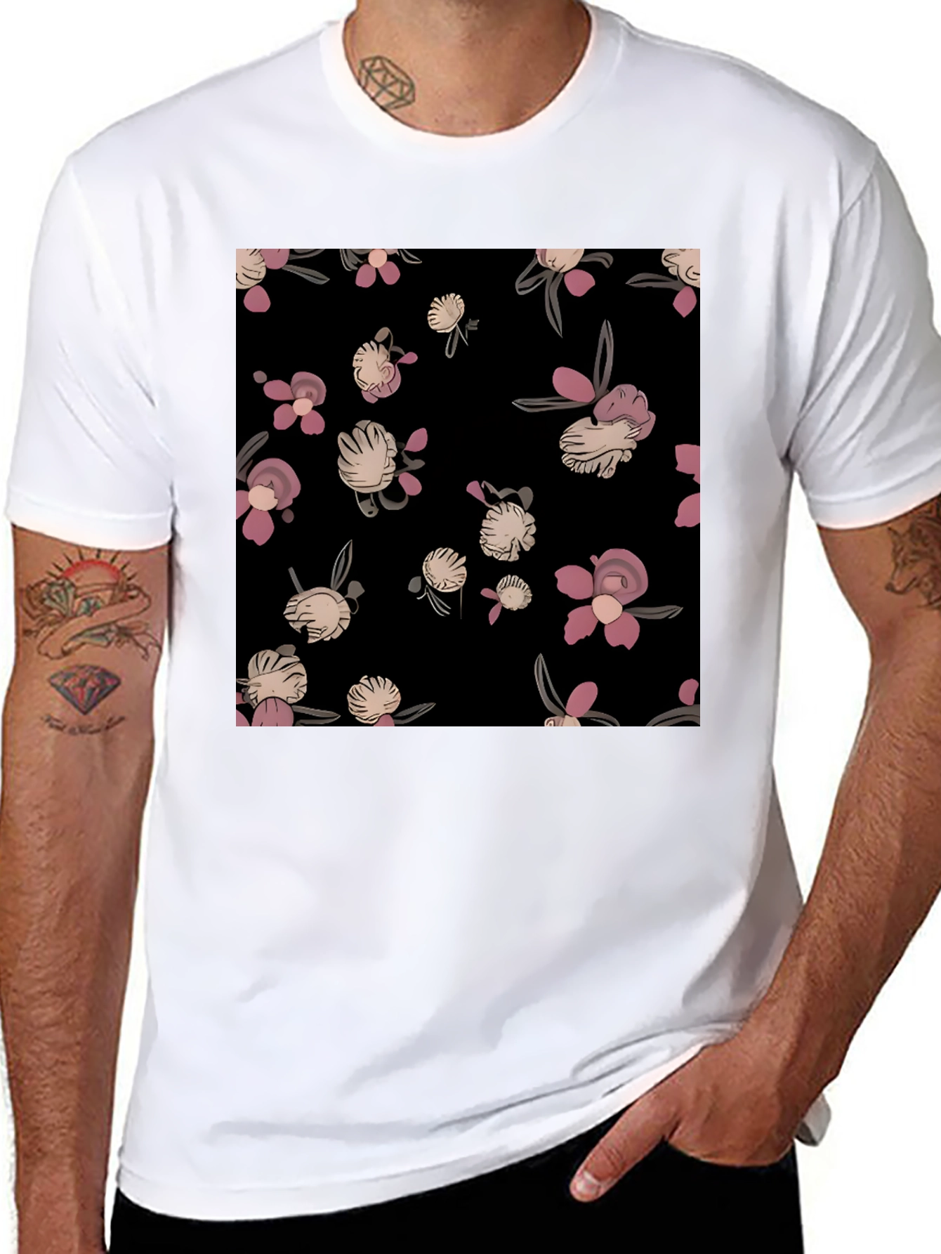 Black Floral Print Black T-Shirt - Casual Style view 8