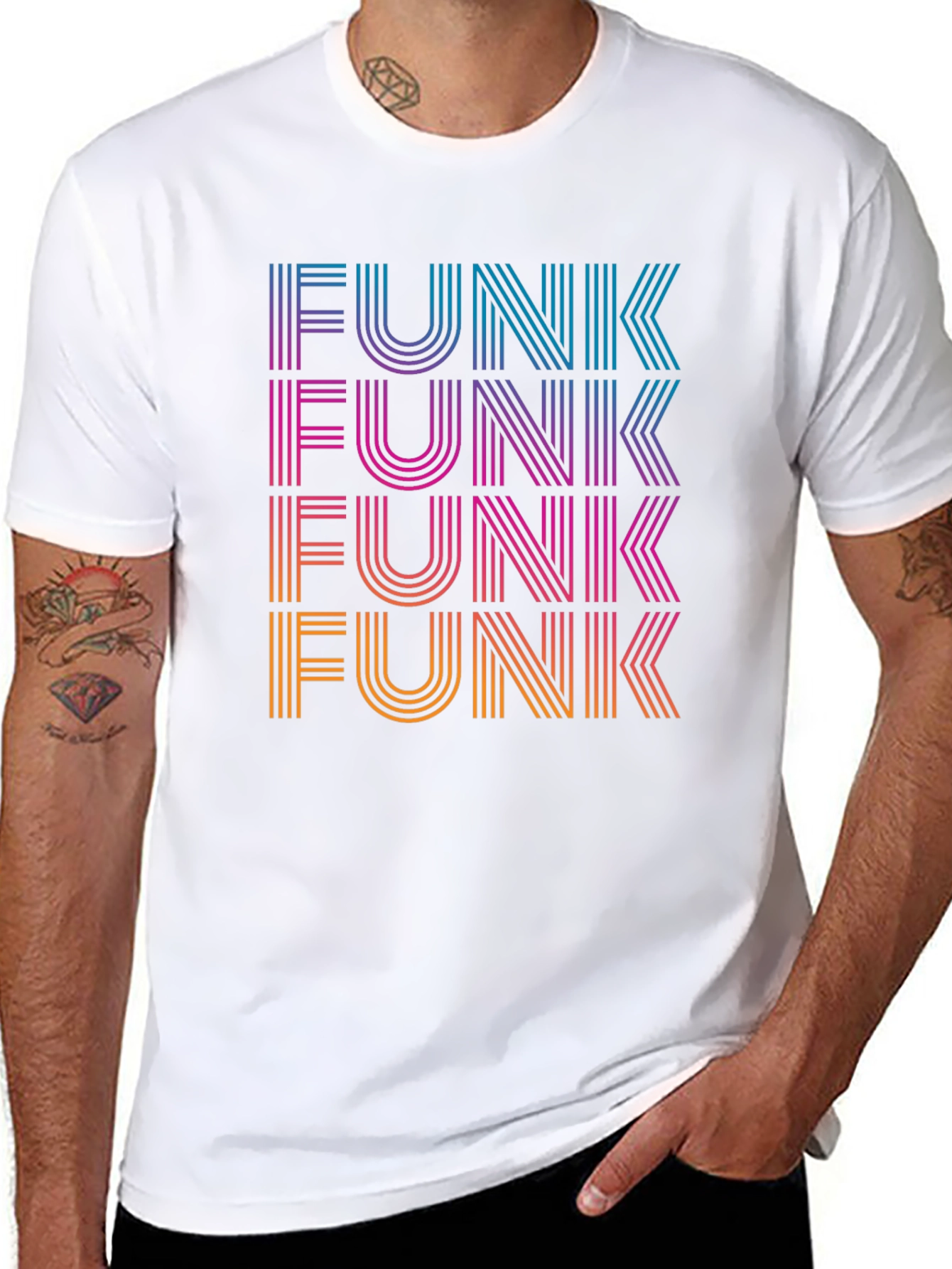 Black Retro Funk T-Shirt - Striped Text Design view 8