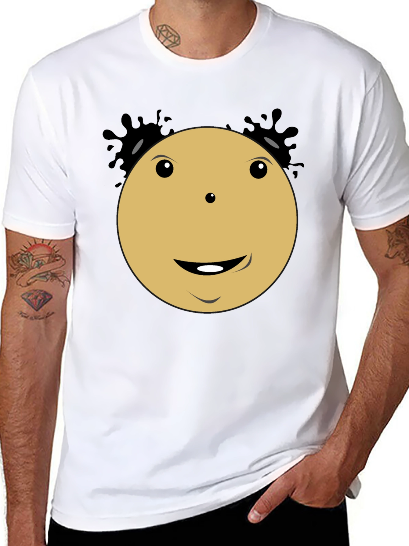 Black Smiley Face Cartoon Character Black T-Shirt view 8