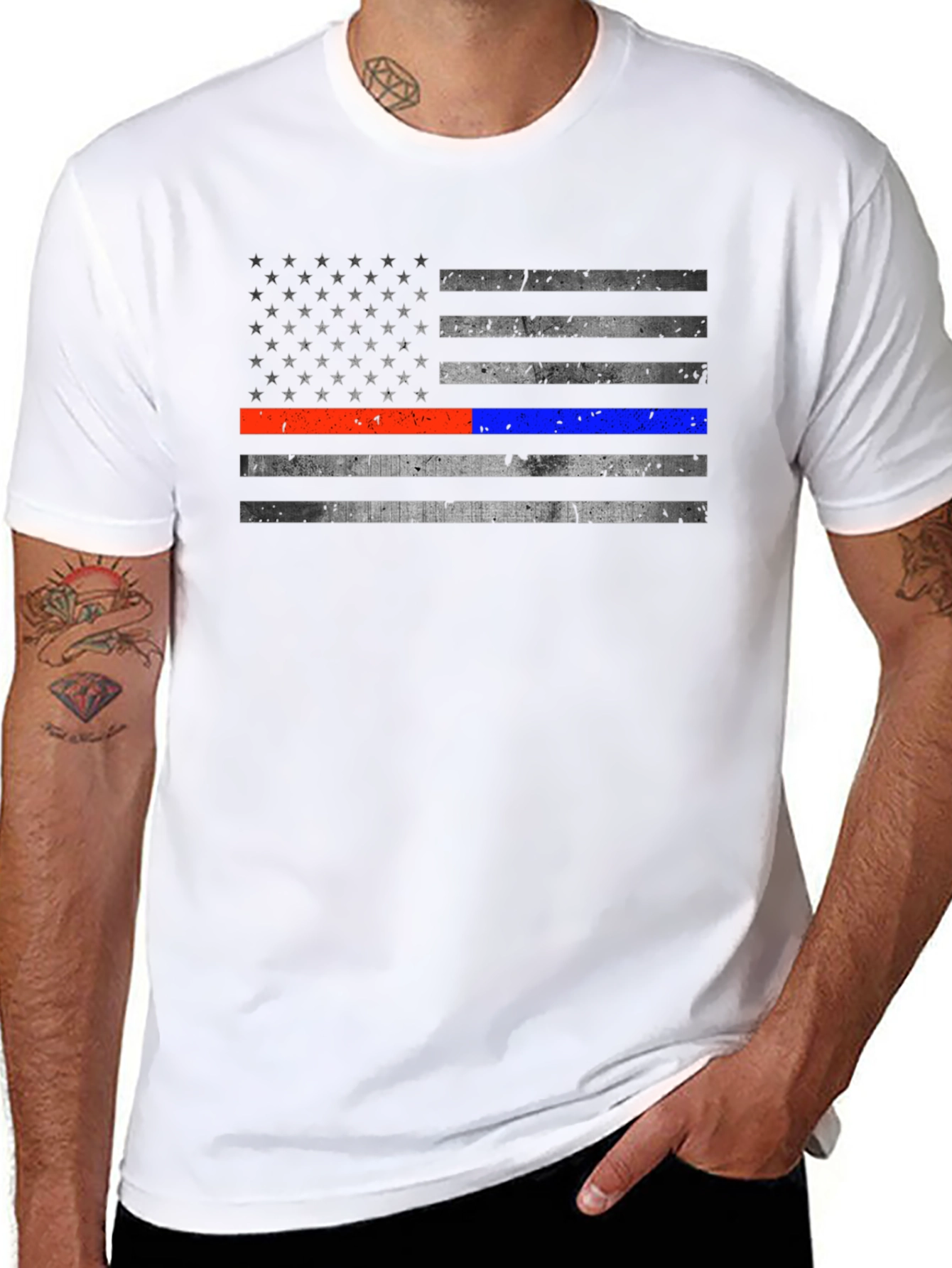 Black Distressed American Flag Line T-Shirt view 8