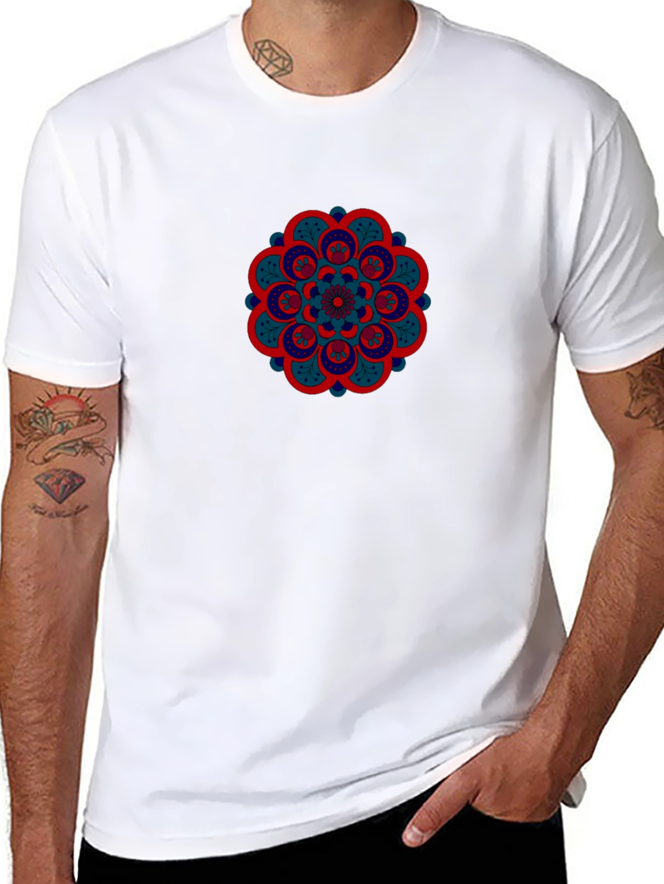 Black Men's Black Tee with Mandala Design view 8