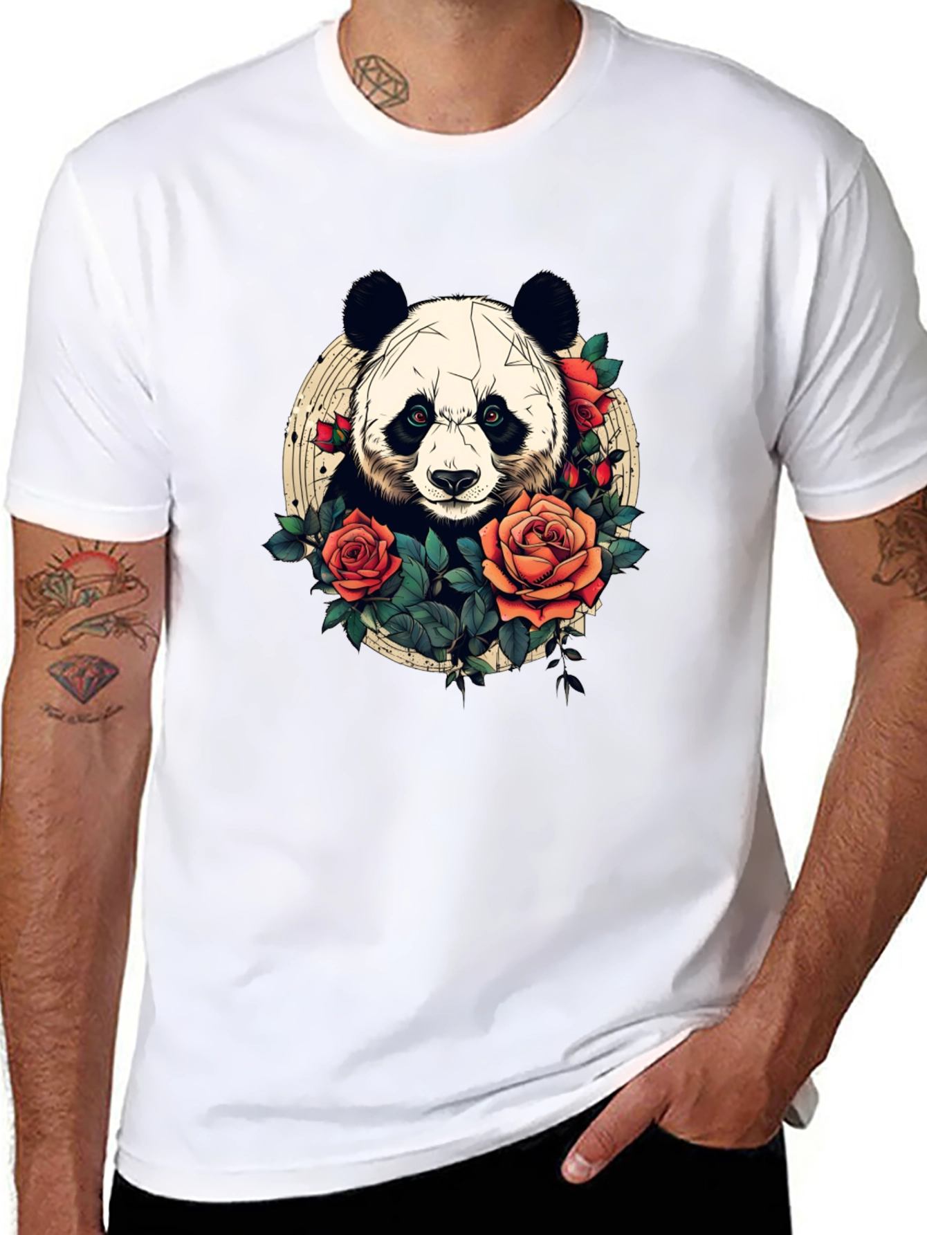 Black Panda Rose Graphic Tee - Black Crew Neck Casual T-Shirt view 8