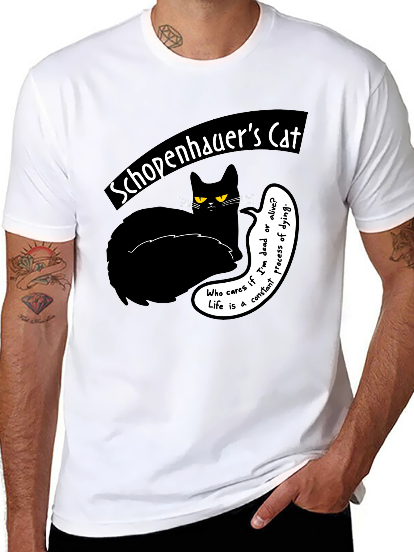 Black Schopenhauer's Cat Graphic Tee - Philosophical Humor T-Shirt view 8