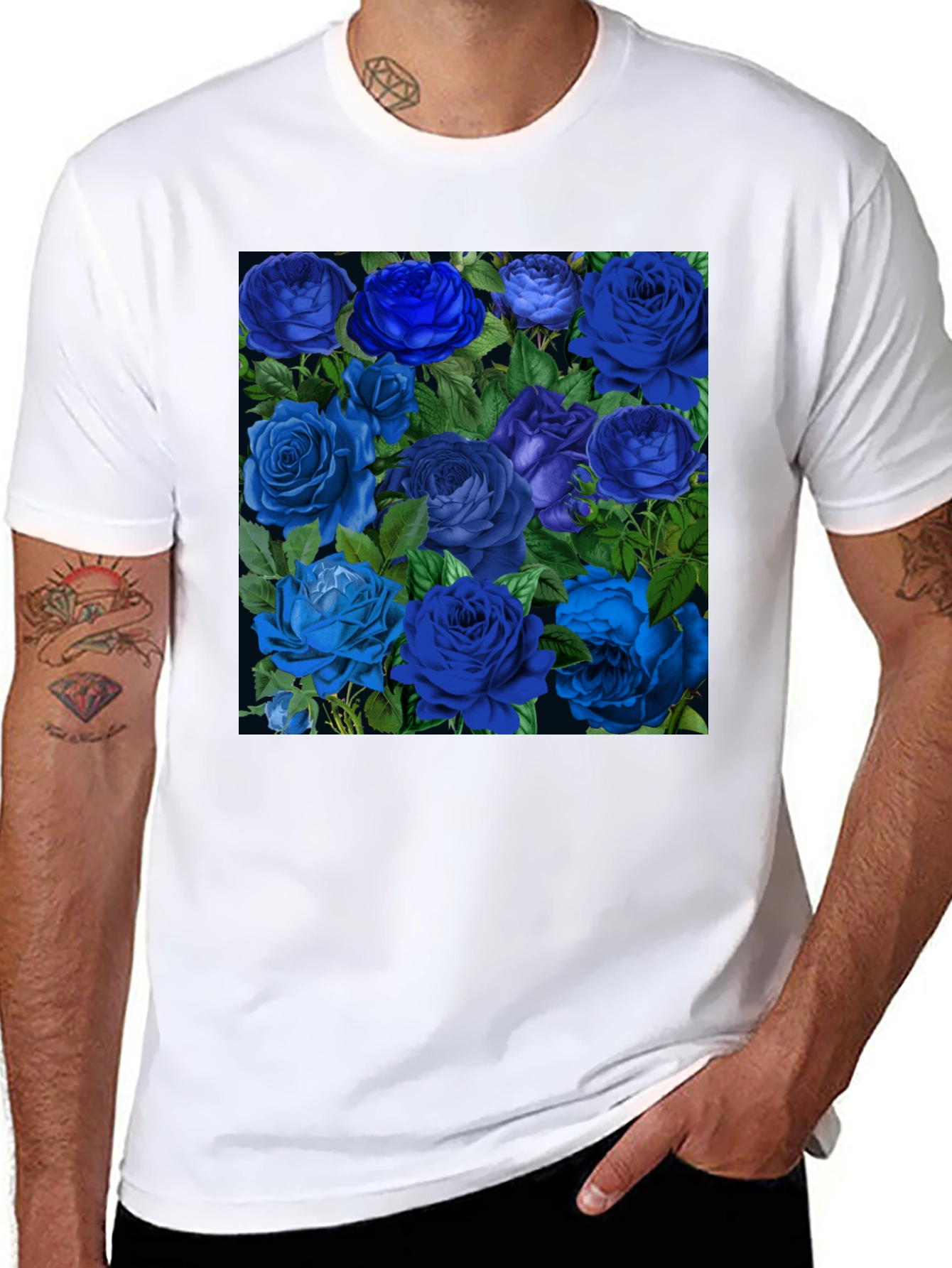 Black Blue Roses Graphic Print Tee - Black view 8