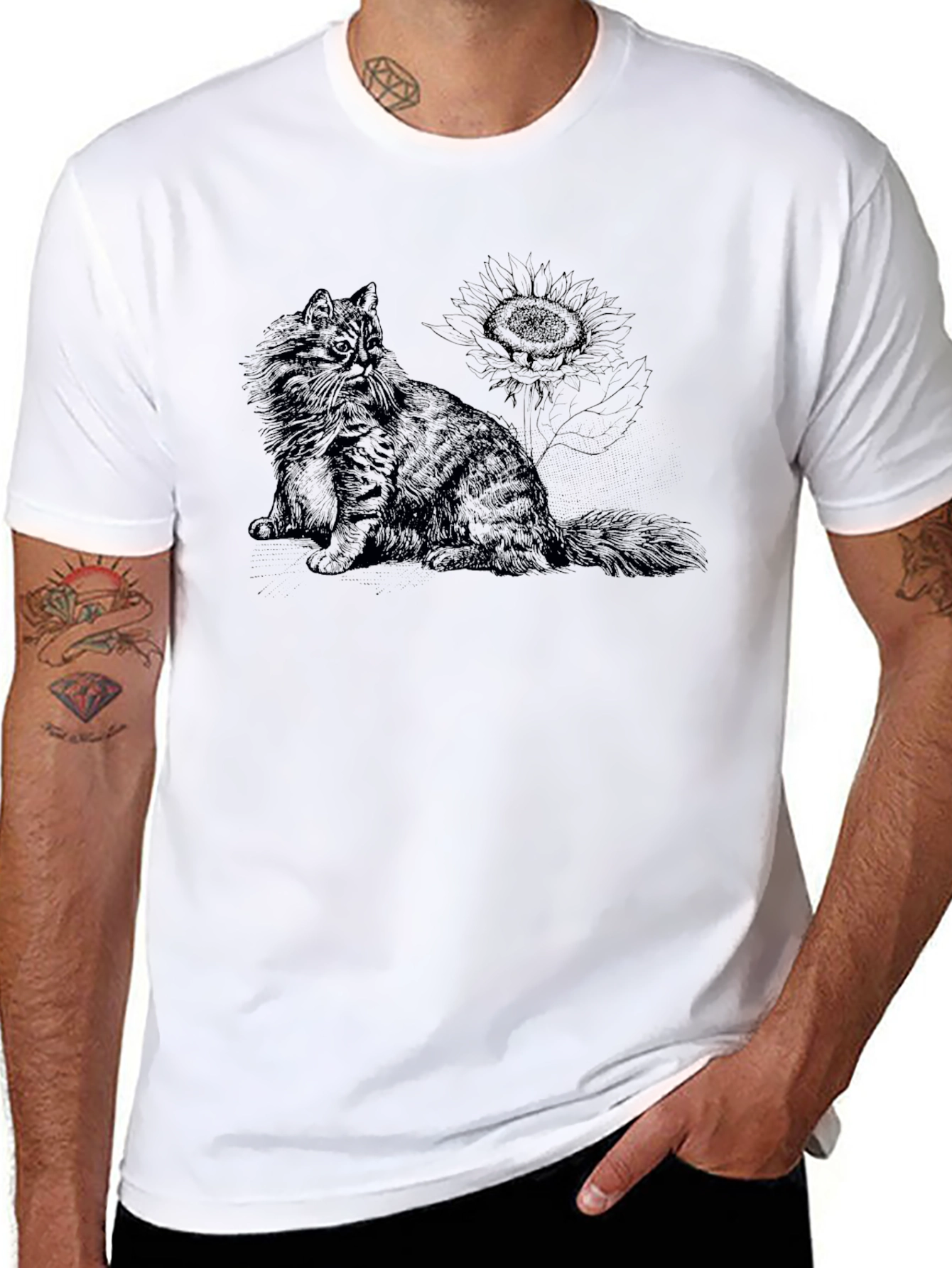 Black Cat & Sunflower Black Graphic T-Shirt view 8
