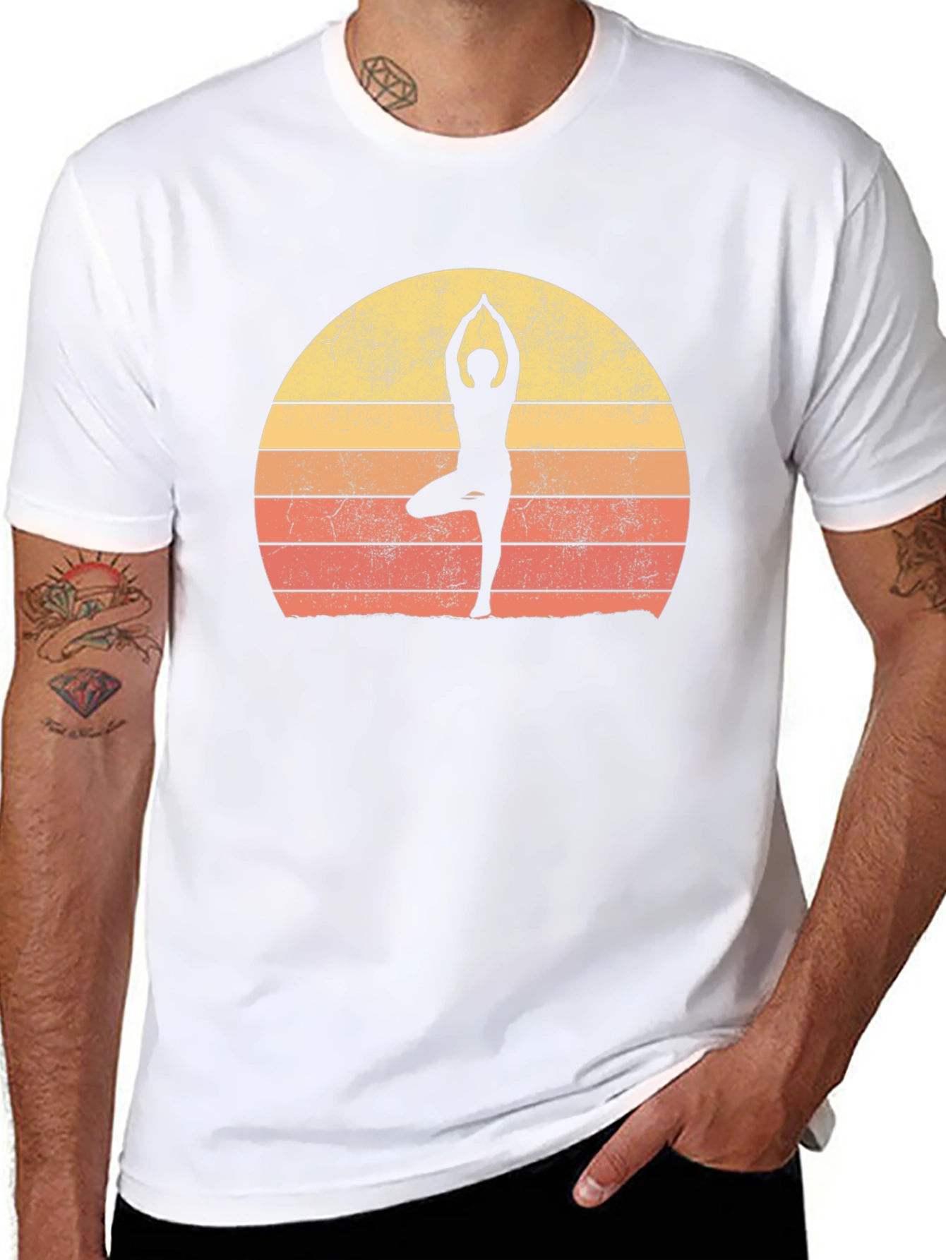 Black Yoga Silhouette Retro Sunset Graphic T-Shirt view 8