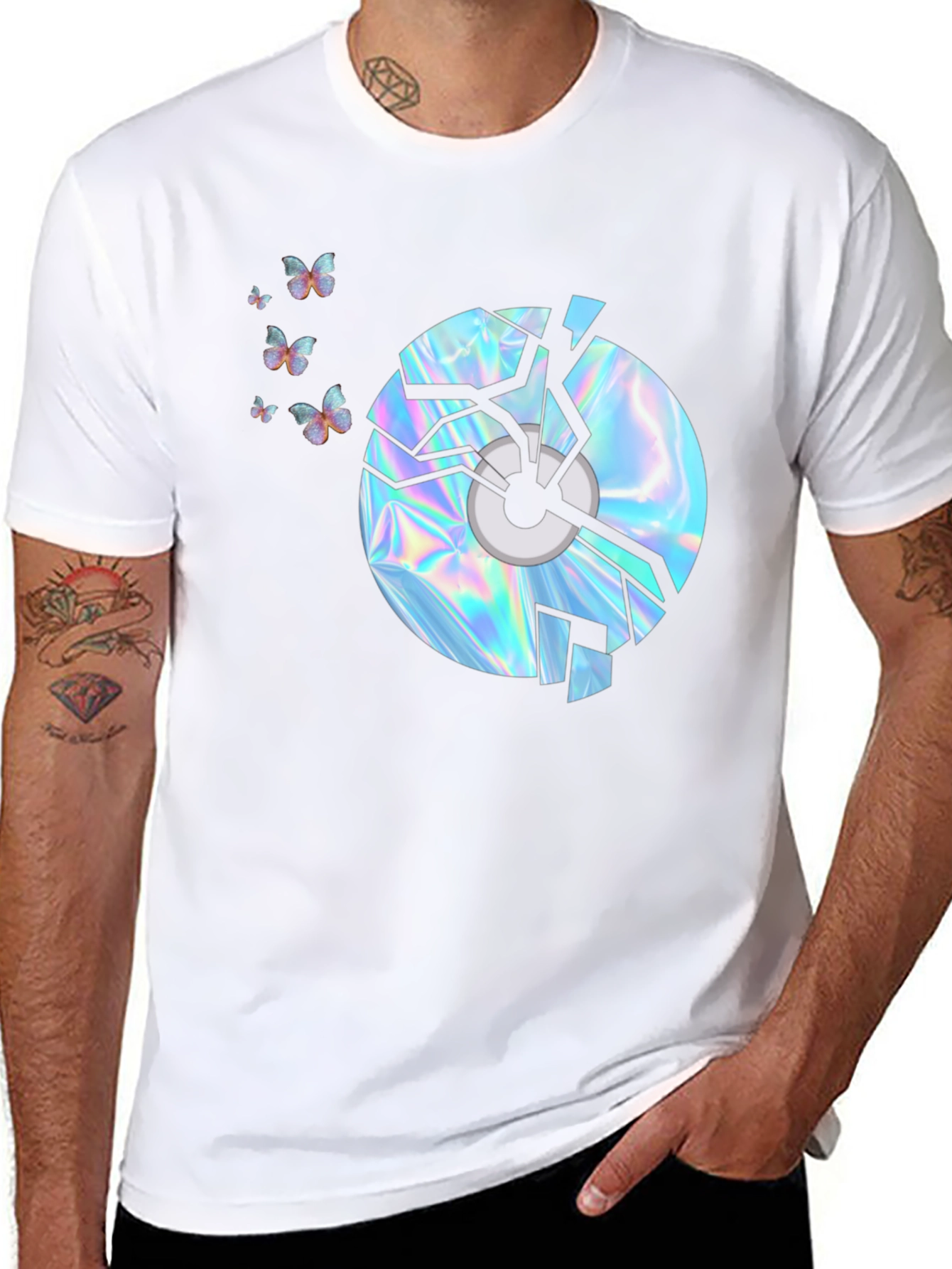 Black Broken CD Graphic Tee - Holographic Butterflies Design view 8