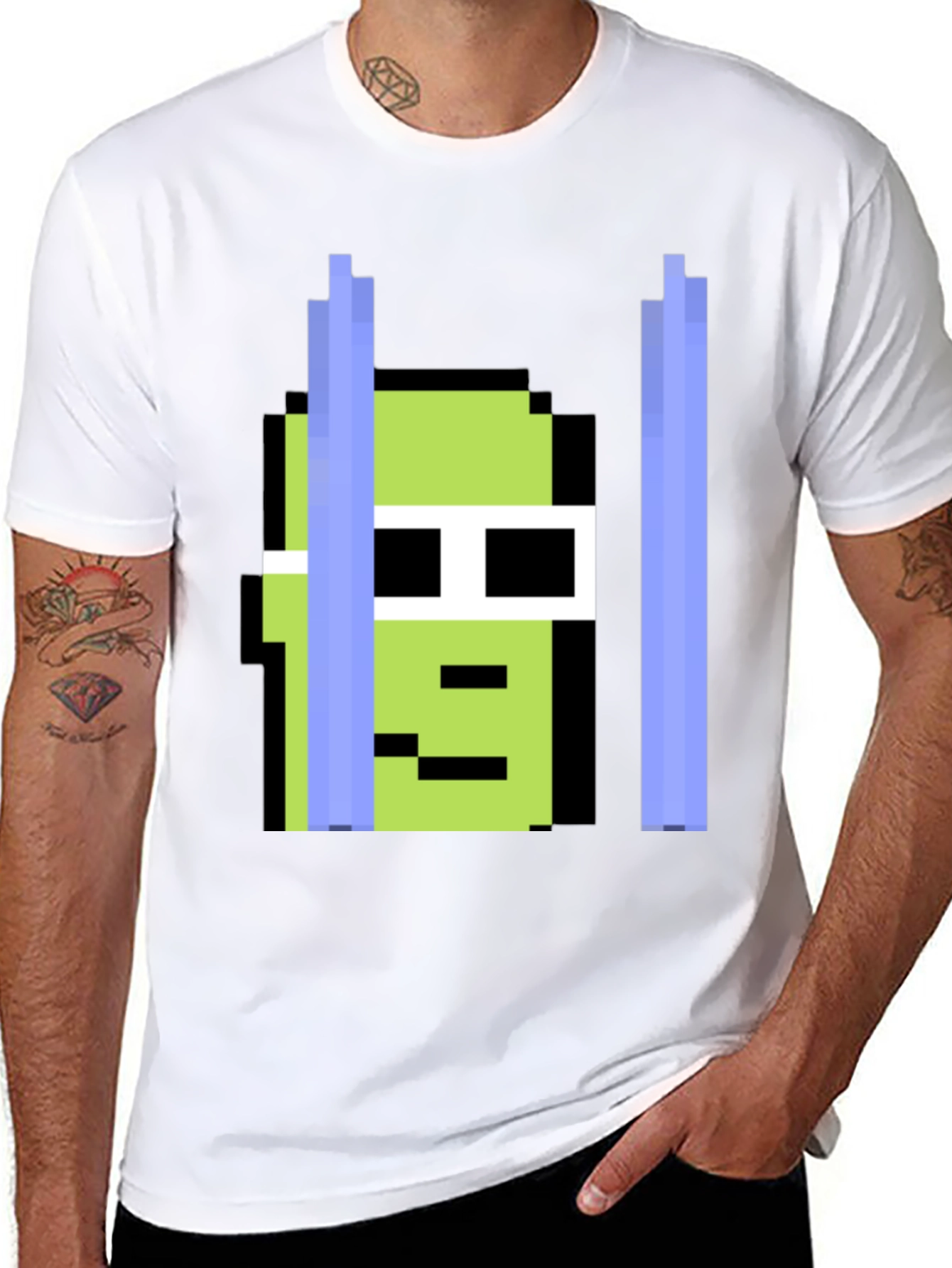 Black Pixelated Green Character Tee view 8