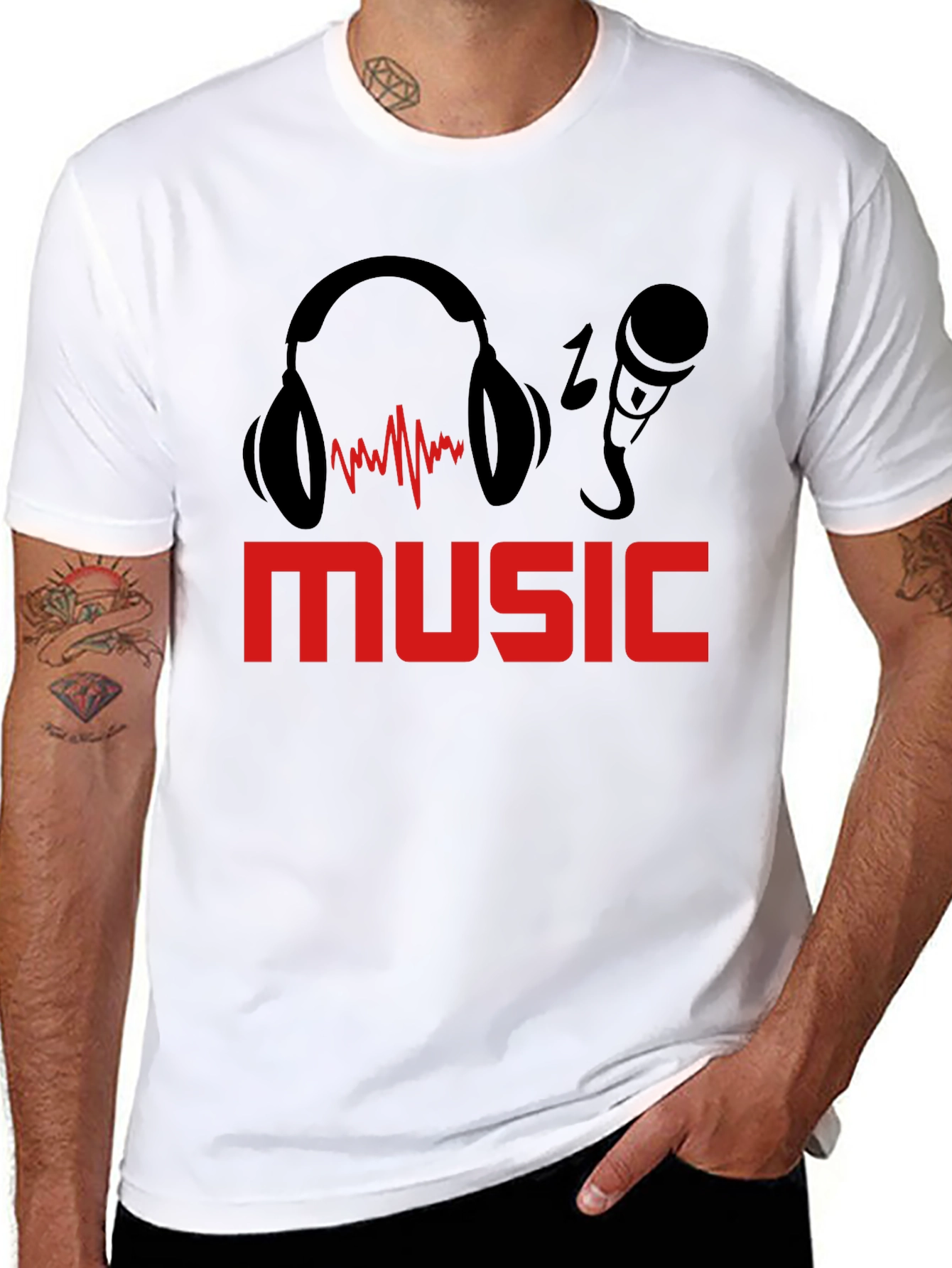 Black Music Lover's T-Shirt: Headphones & Mic Graphic Tee view 8
