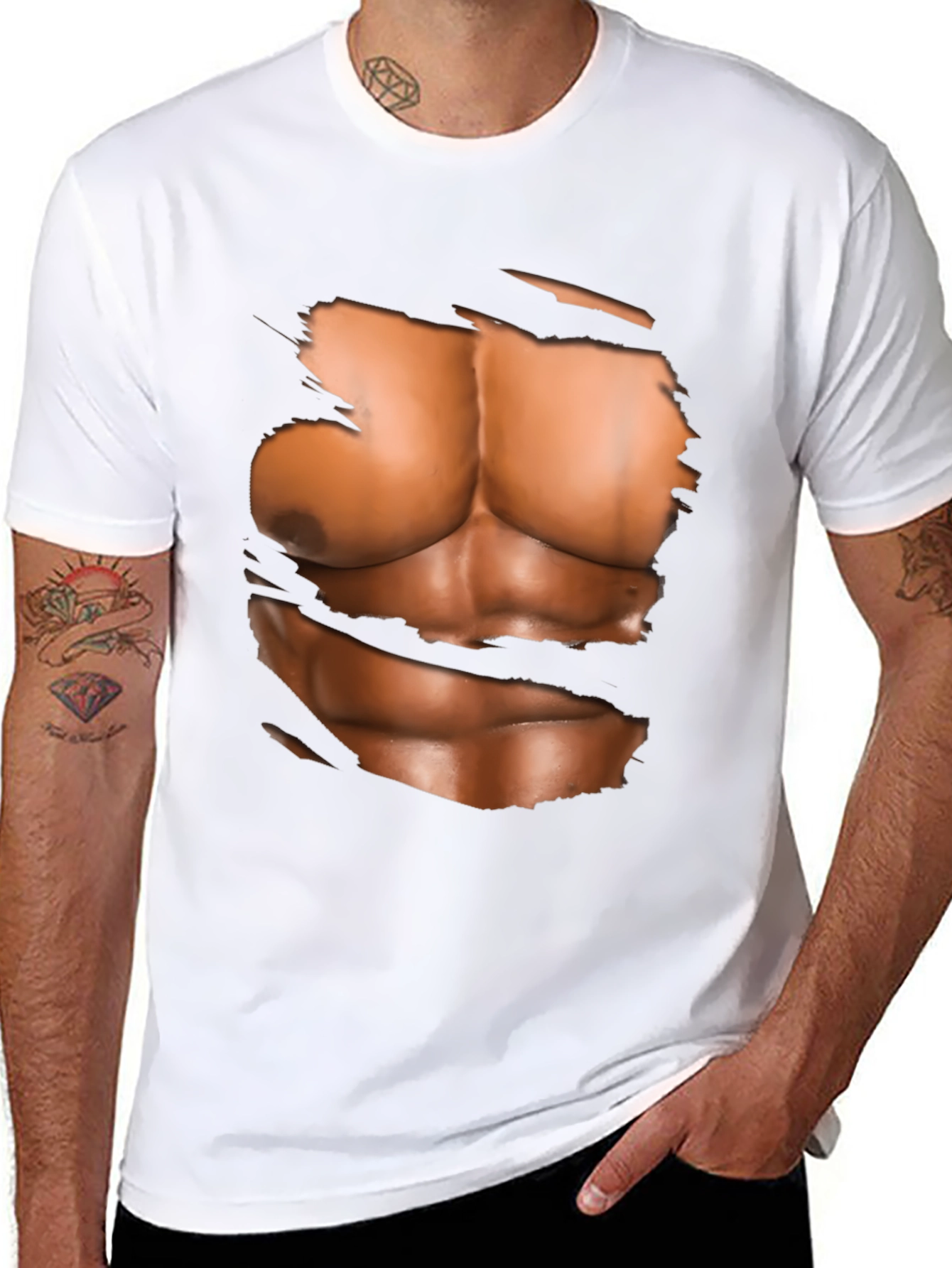 Black Ripped Abs Graphic T-Shirt - Novelty Muscle Design view 8