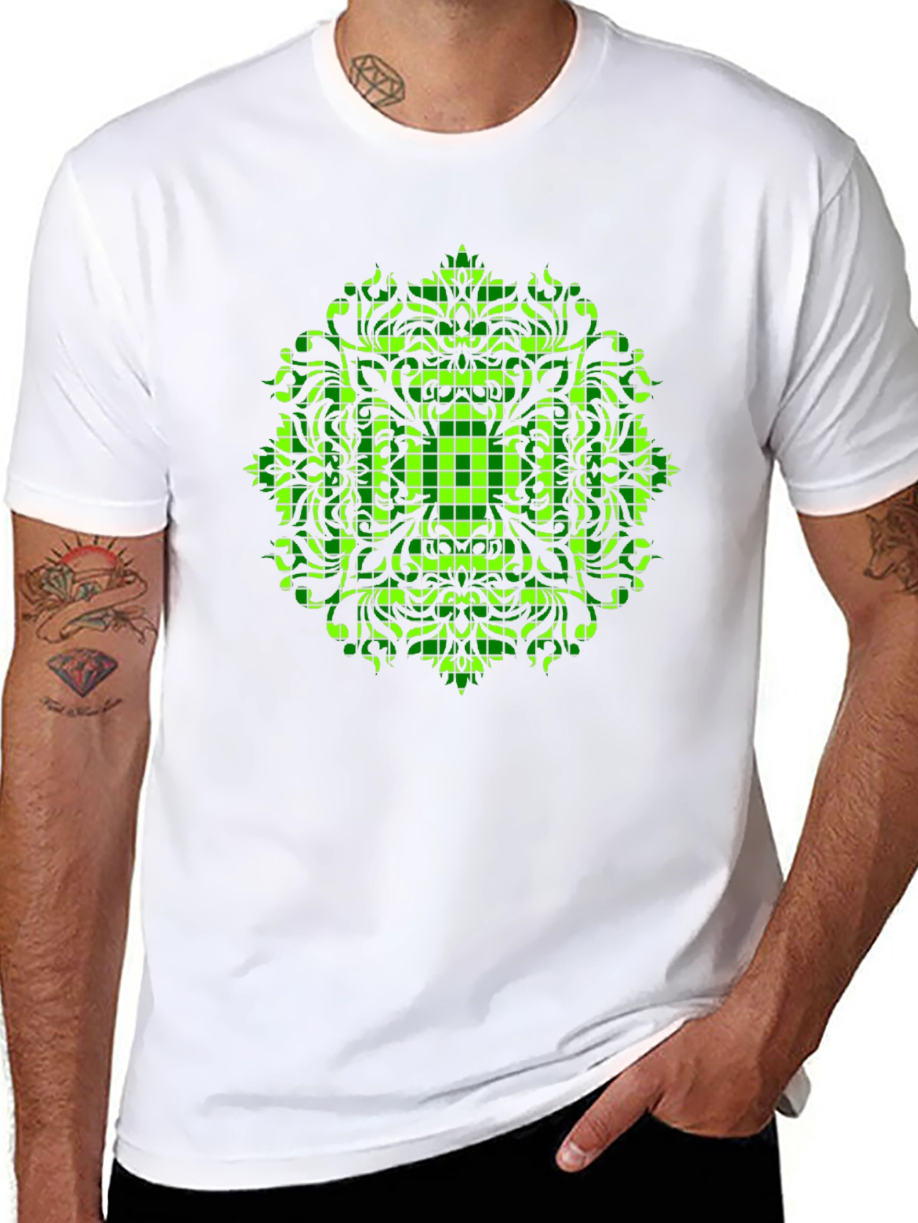 Black Geometric Green Mandala Graphic Black T-Shirt view 8