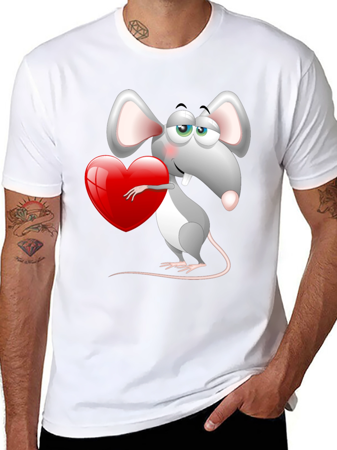 Black Cute Mouse with Heart Graphic Tee - Black view 8