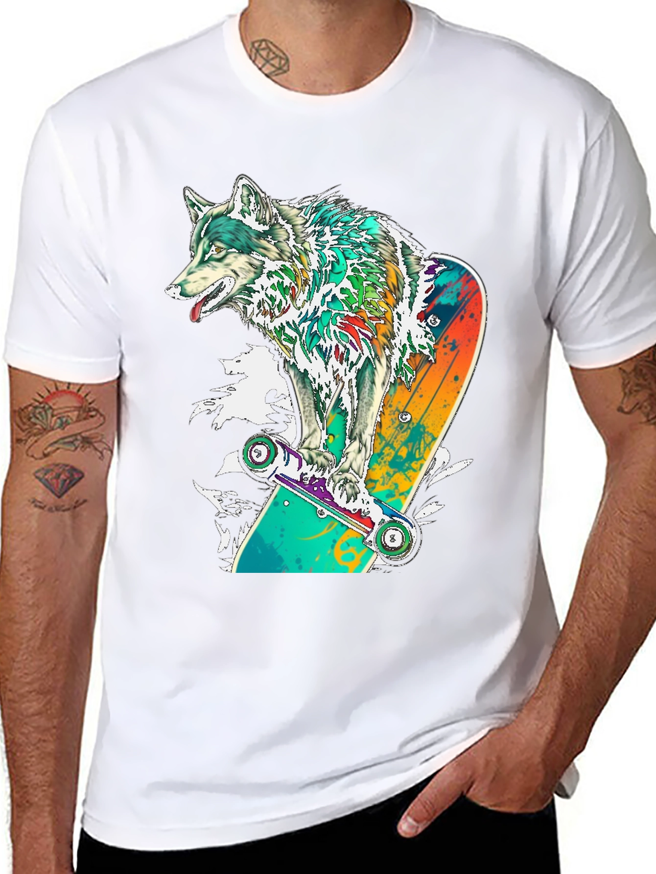 Black Wolf Skateboard Graphic T-Shirt - Cool Animal Tee view 8