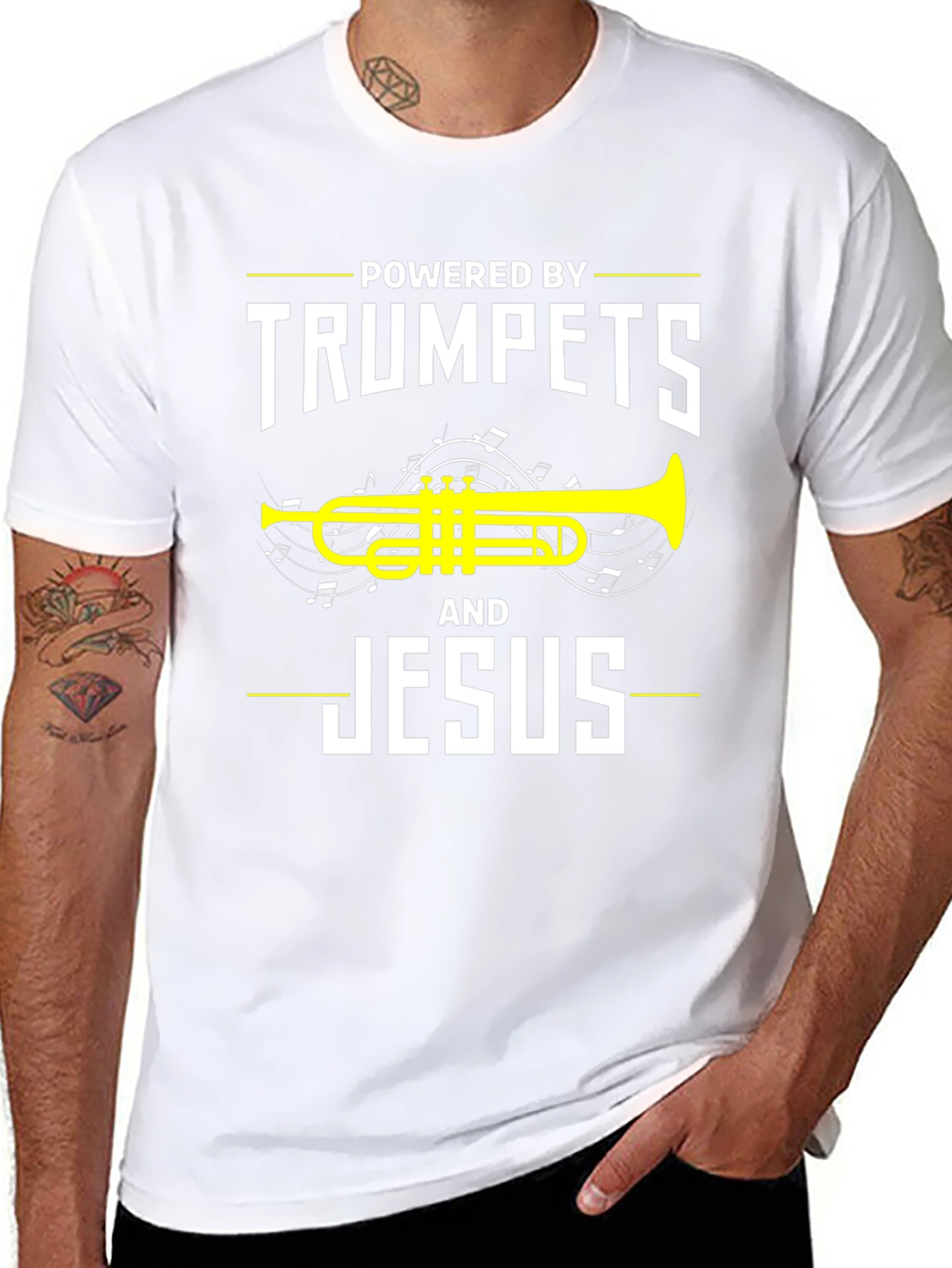 Black Powered By Trumpets and Jesus T-Shirt view 8