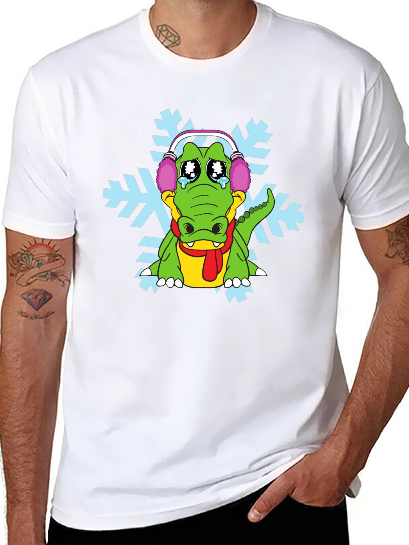 Black Sad Alligator Snowflake Graphic T-Shirt view 8