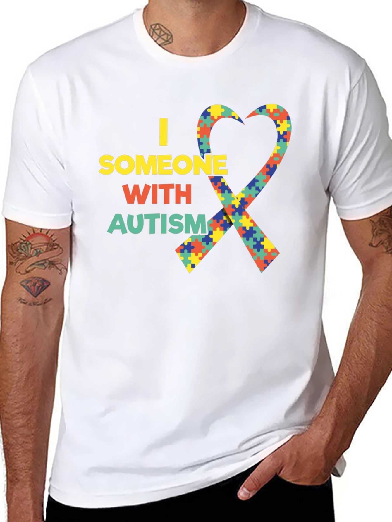 Black Autism Awareness Heart Ribbon Black T-Shirt view 8