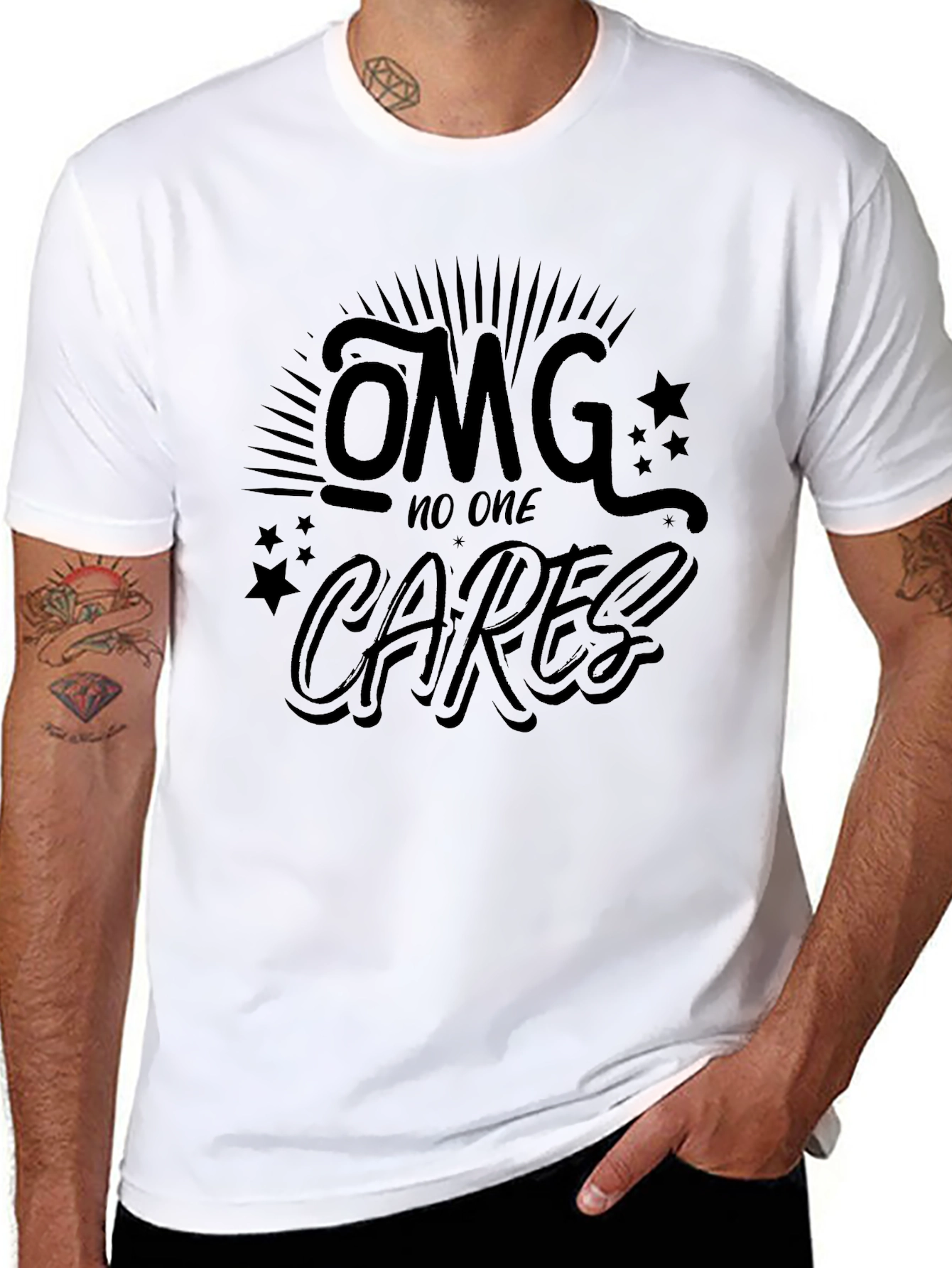 Black OMG No One Cares Black Graphic Tee - Unisex view 8