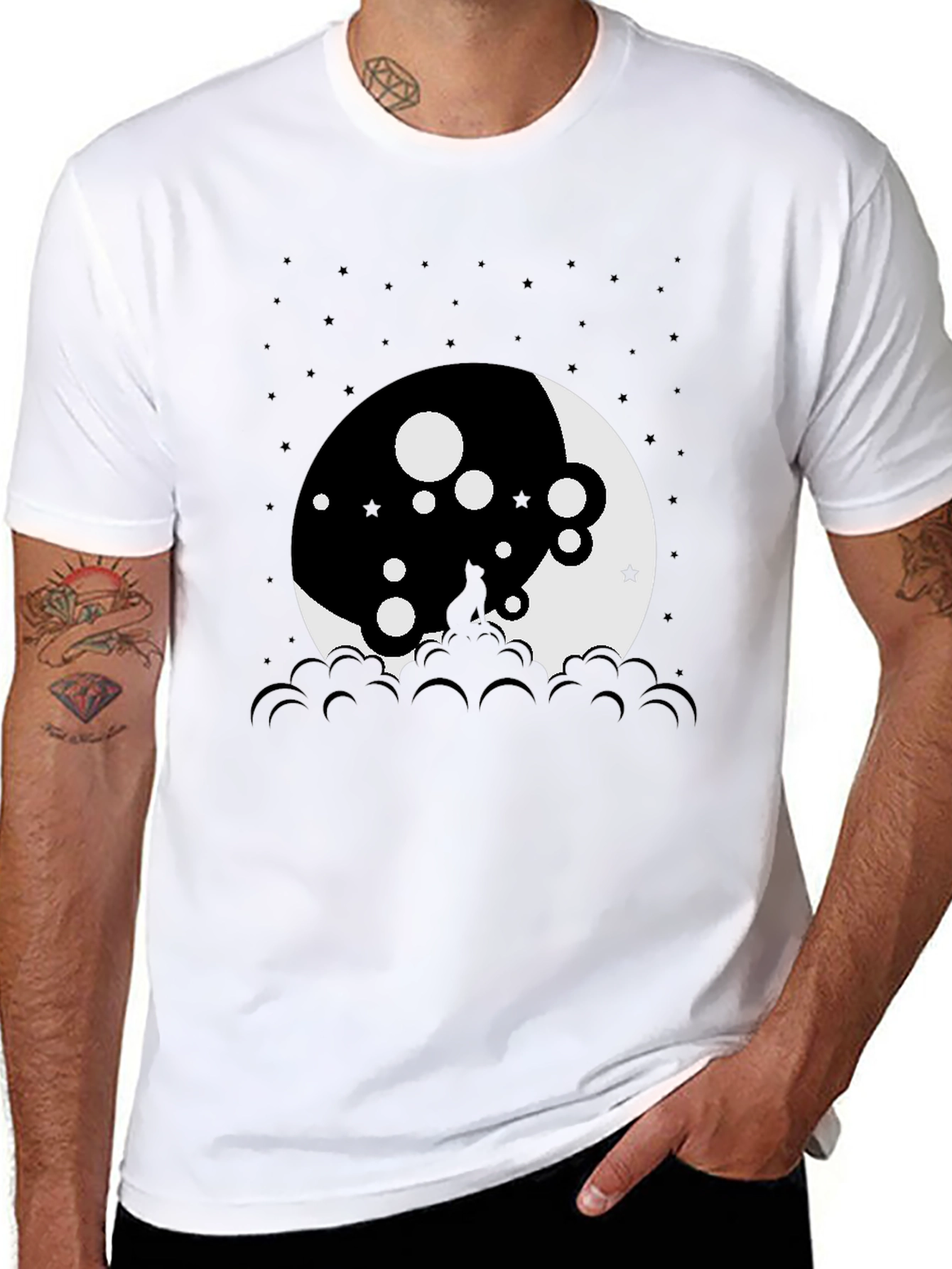 Black Moon Cat Graphic Tee - Black Cotton T-Shirt view 8