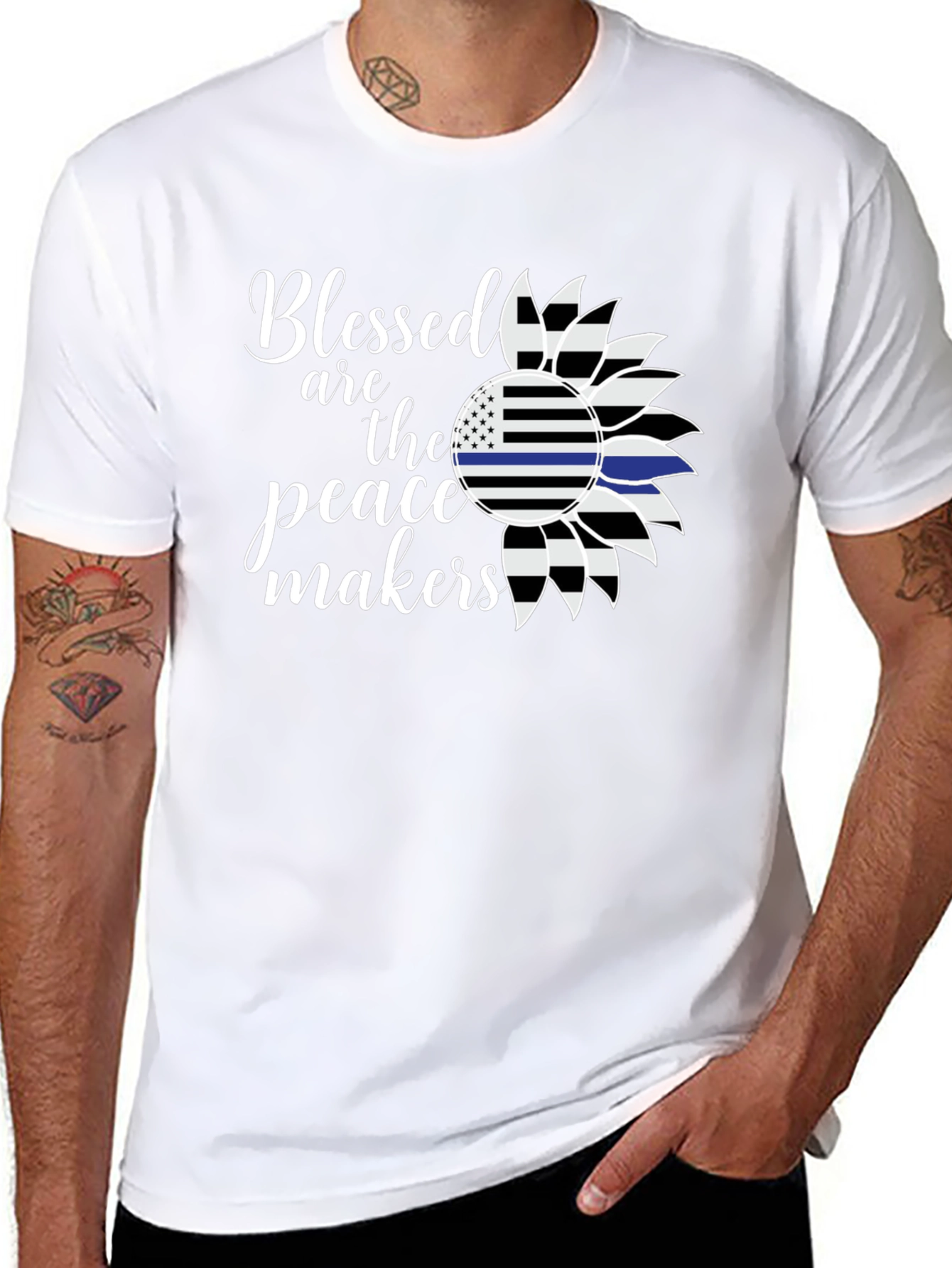 Black Blessed Peacemakers T-Shirt - Thin Blue Line Sunflower view 8