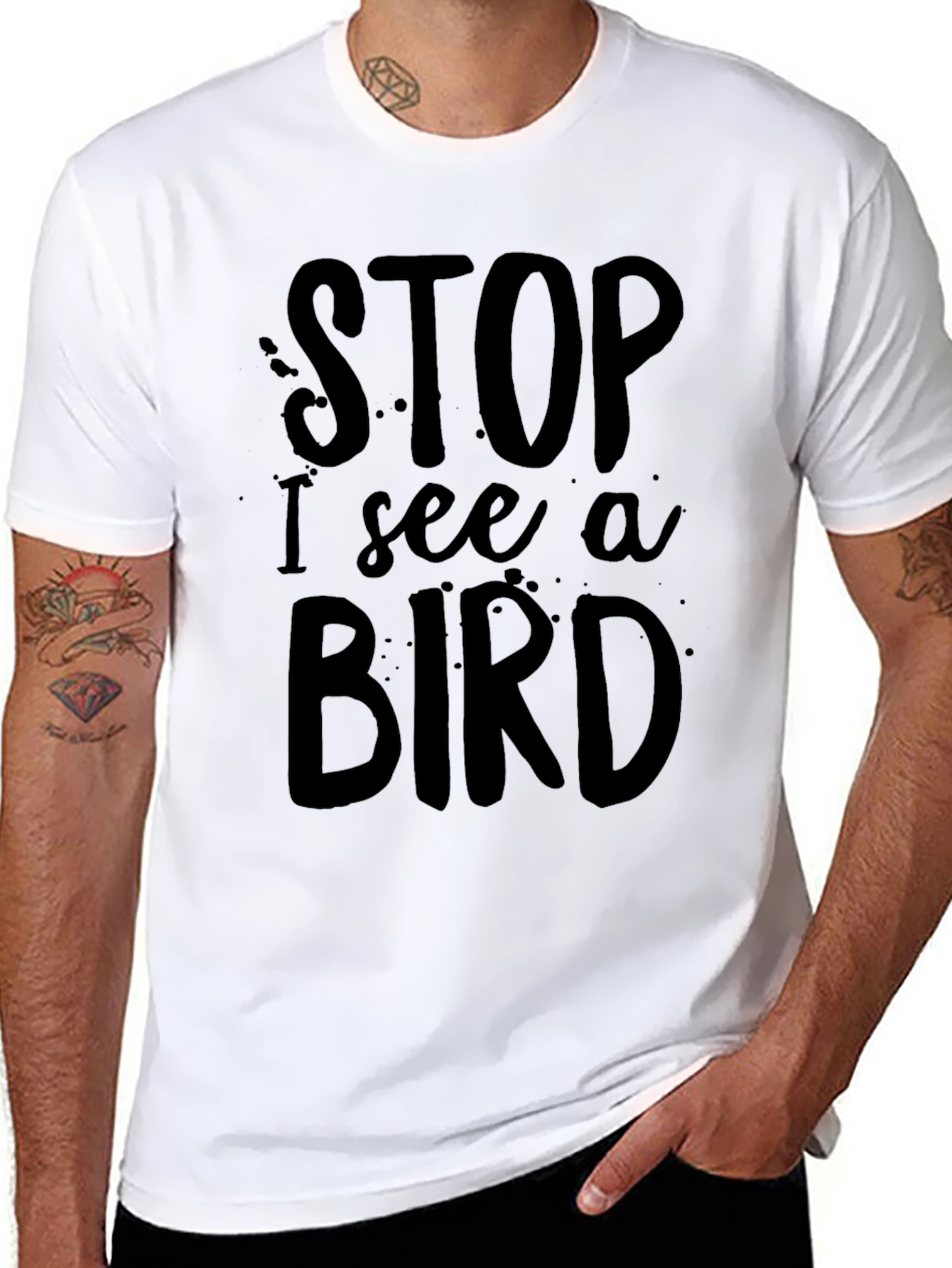 Black Funny 'Stop I See a Bird' Black T-Shirt view 8
