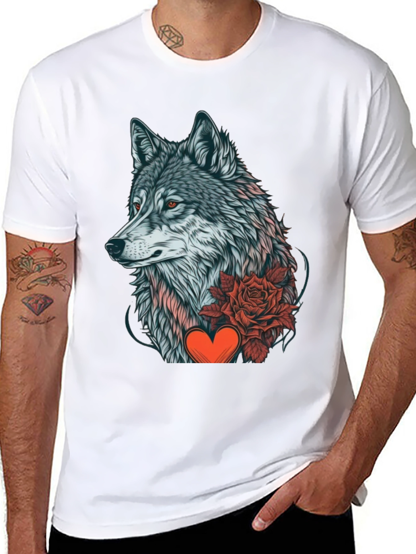 Black Wolf Rose Heart Graphic Black T-Shirt view 8