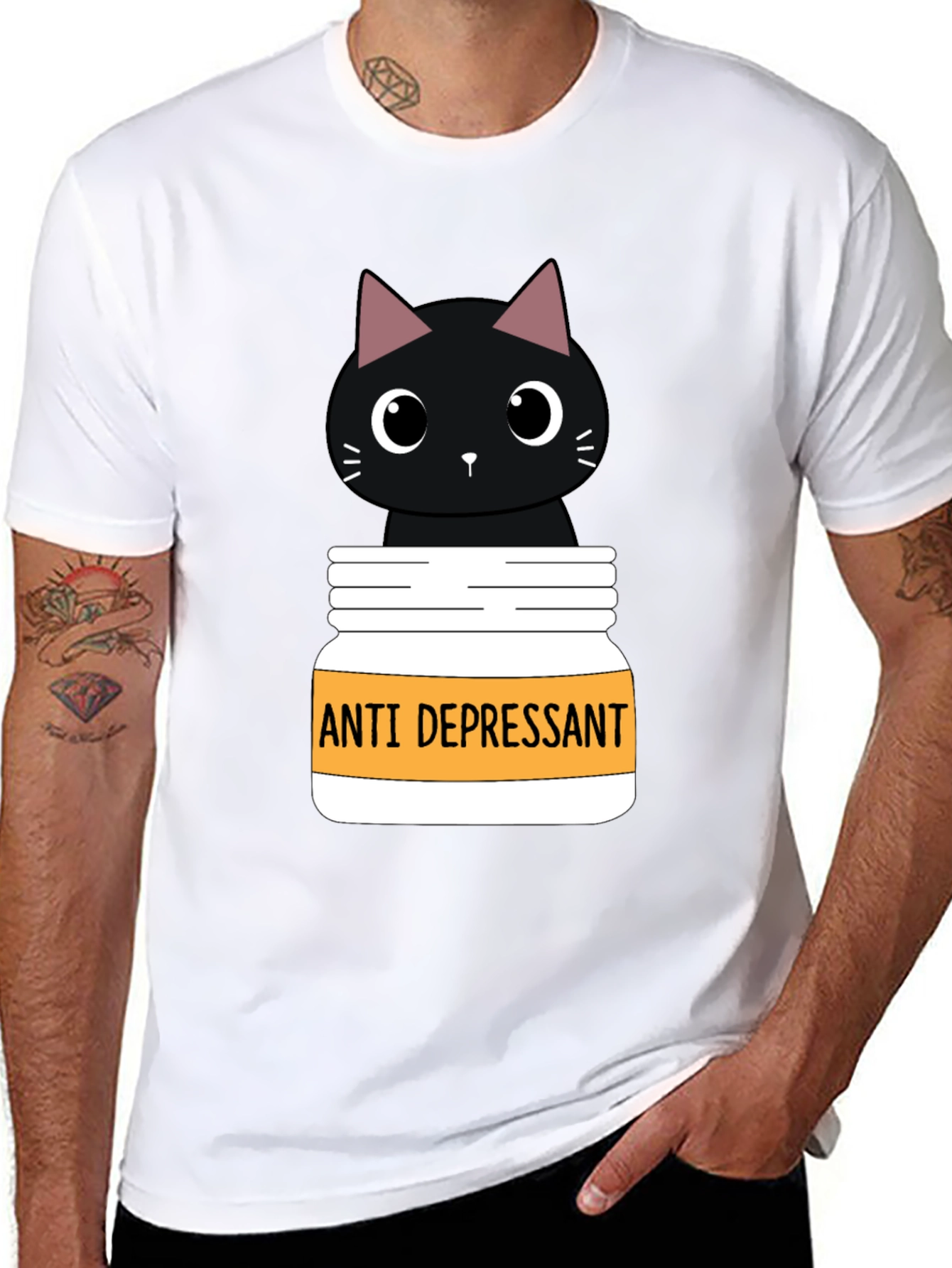 Black Anti Depressant Cat T-Shirt, Funny Graphic Tee view 8