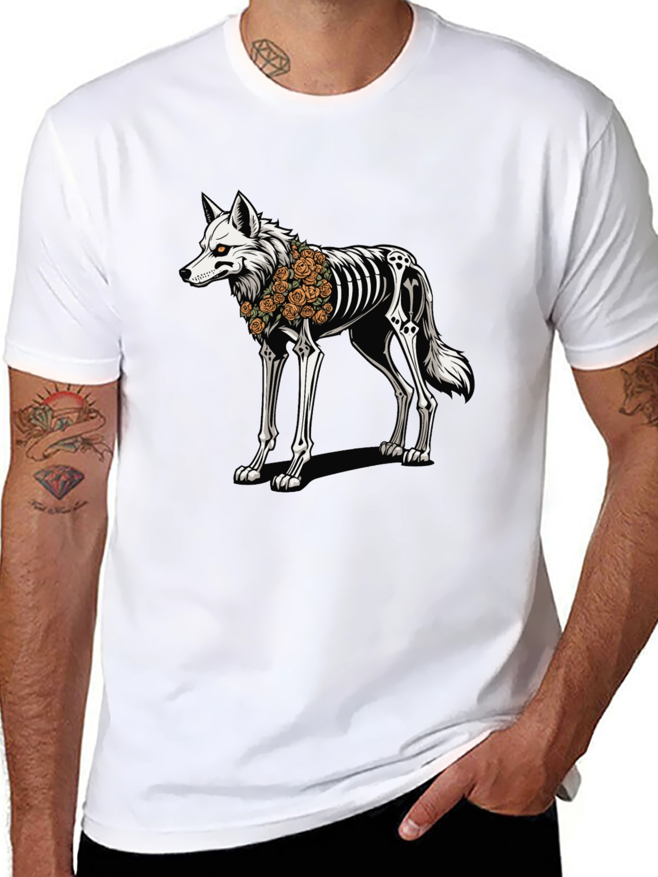 Black Skeleton Wolf Graphic Tee - Day of the Dead Style view 8