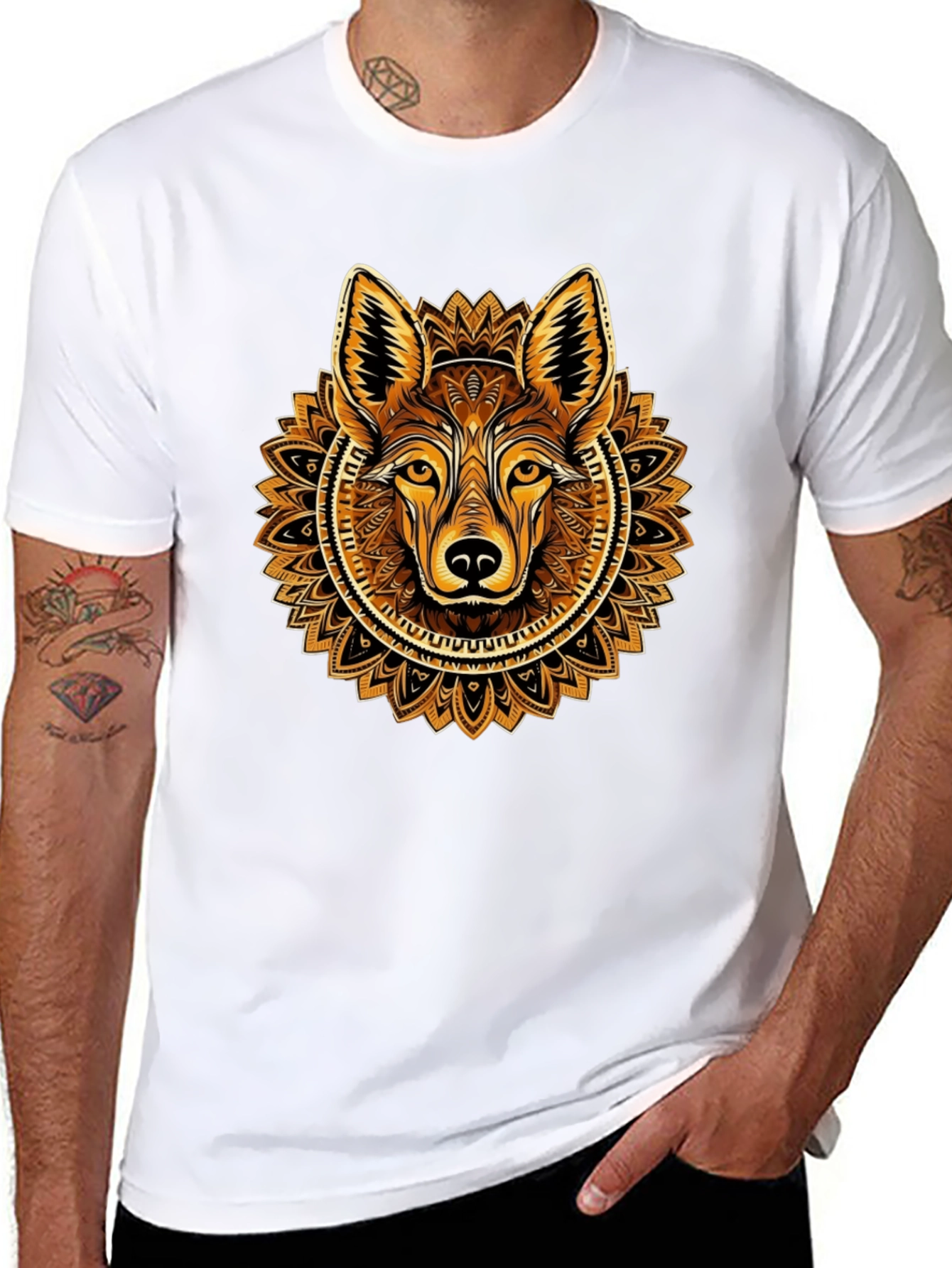 Black Wolf Mandala Graphic Tee - Trendy Crew Neck Shirt view 8