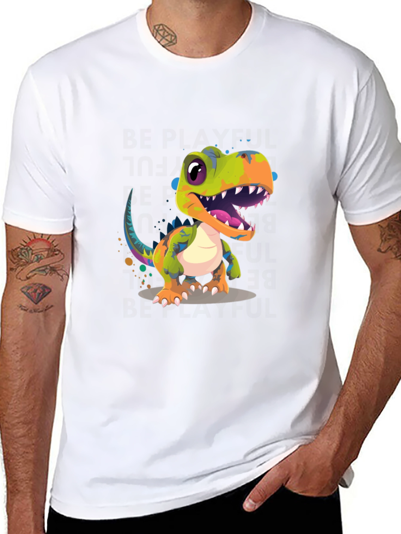 Black Dinosaur Graphic Print Men's Black T-Shirt view 8