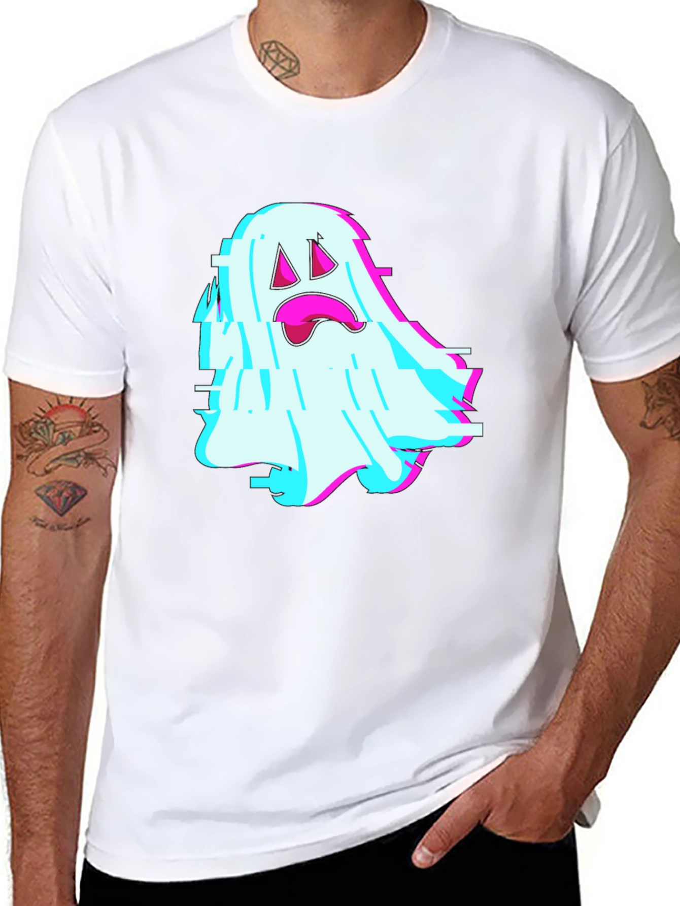Black Glitch Ghost Graphic Tee - Soft Black Cotton Blend view 8