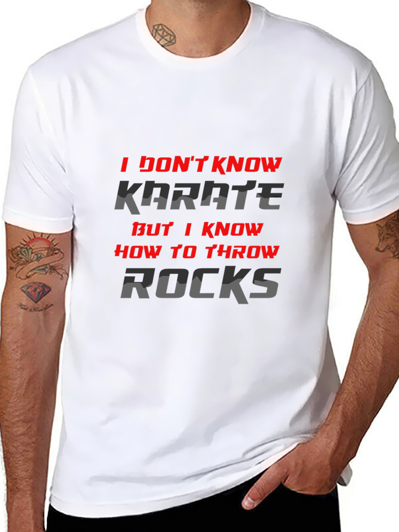 Black I Don't Know Karate, But I Throw Rocks T-Shirt view 8
