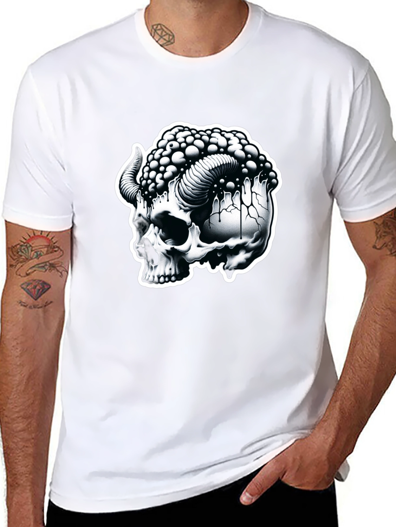 Black Skull & Horns Graphic Tee - Mens Black Cotton T-Shirt view 8
