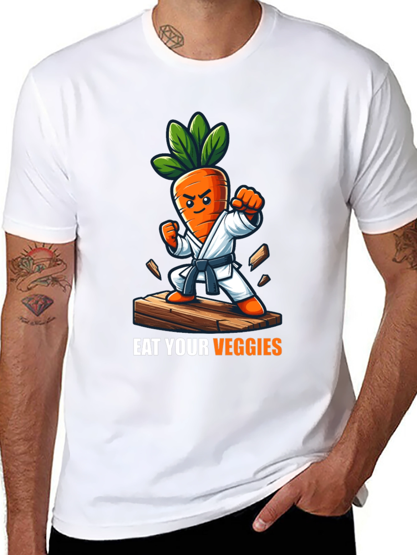 Black Eat Your Veggies Karate Carrot T-Shirt view 8