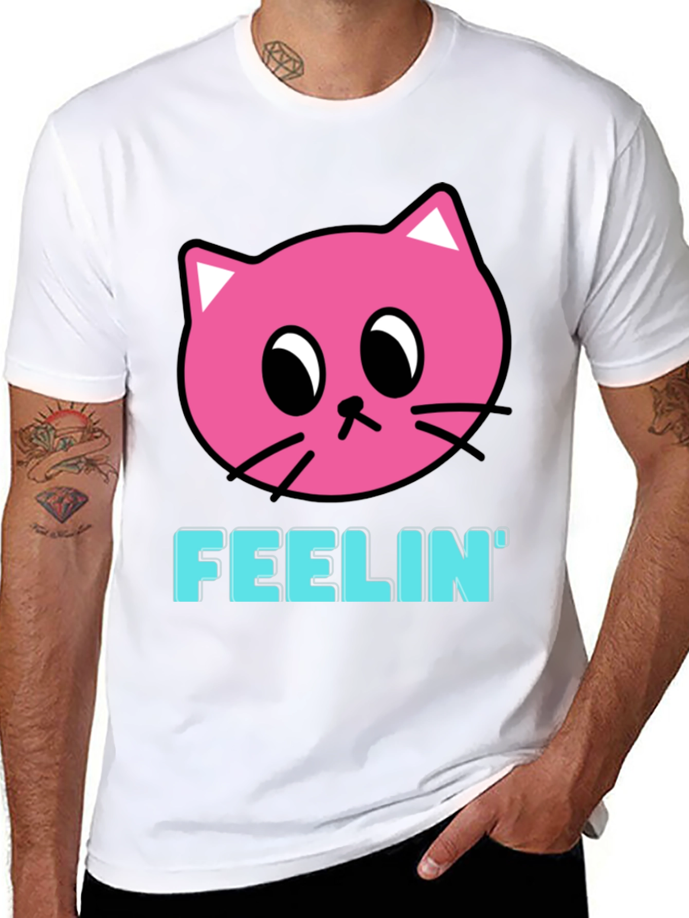 Black Feelin' Pink Cat Graphic Black T-Shirt view 8