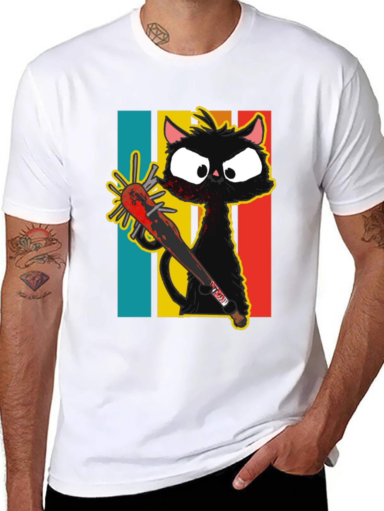 Black Crazy Cat Baseball Bat Graphic T-Shirt view 8