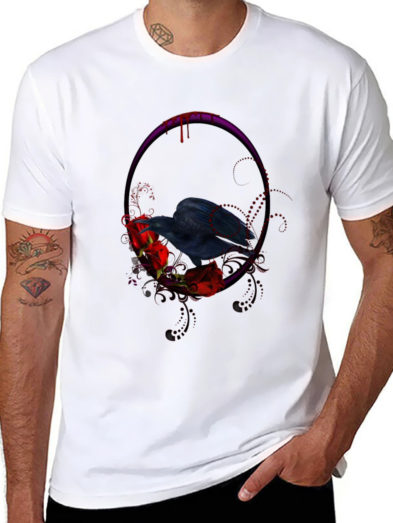 Black Gothic Raven & Roses Graphic Tee - Black view 8