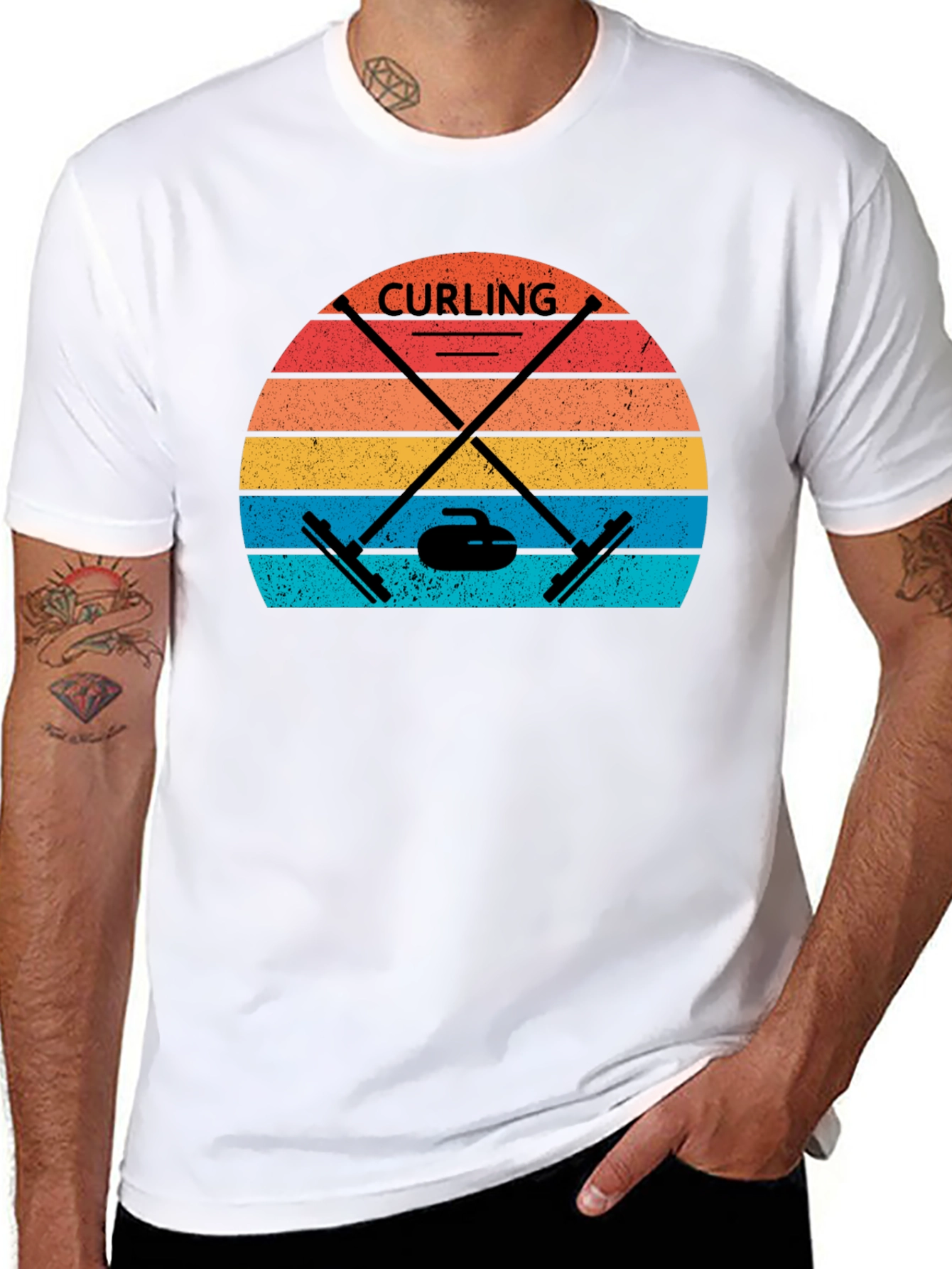Black Retro Curling T-Shirt - Vintage Sunset Design view 8