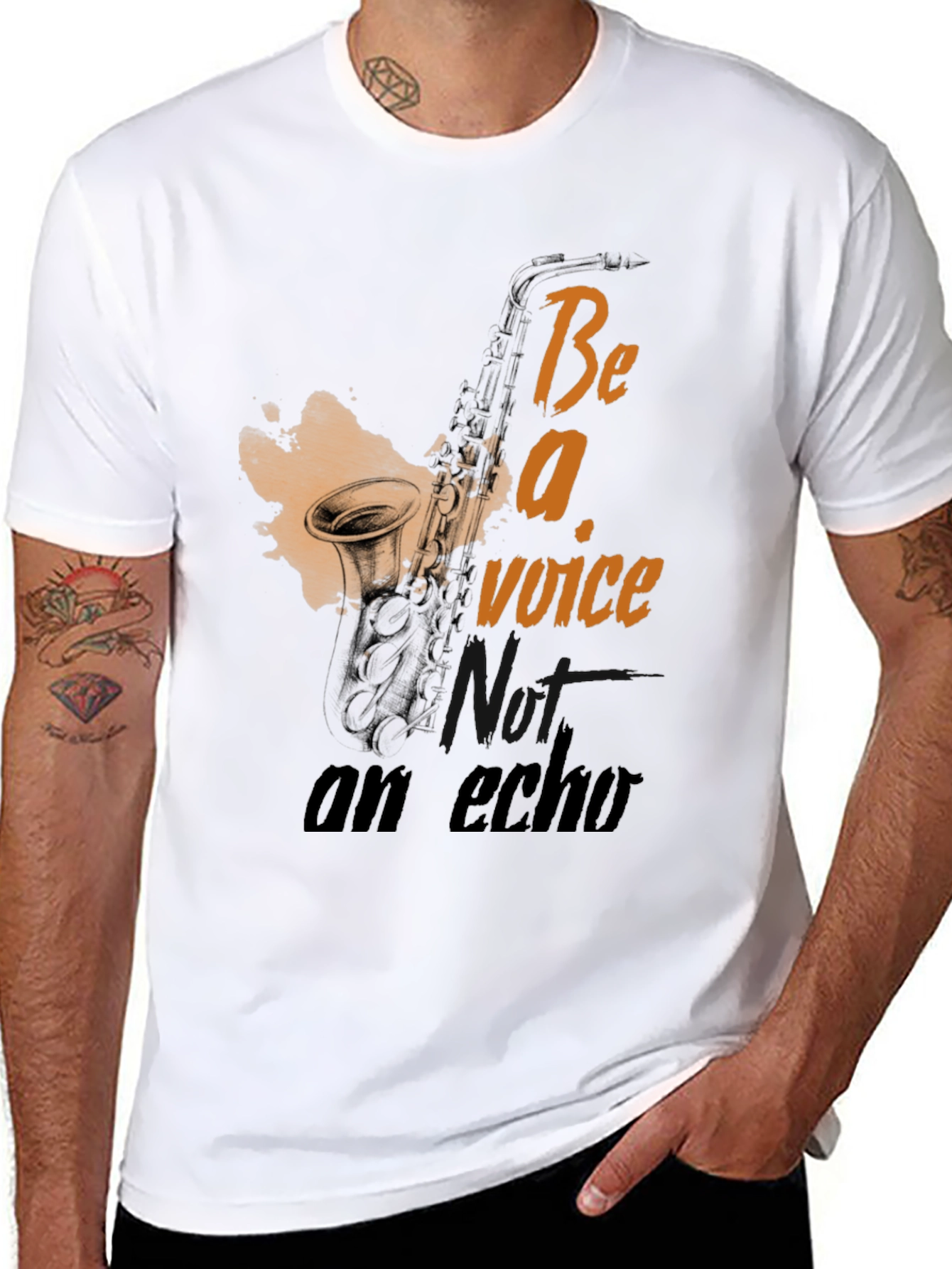 Black Saxophone 'Be a Voice' Graphic T-Shirt view 8