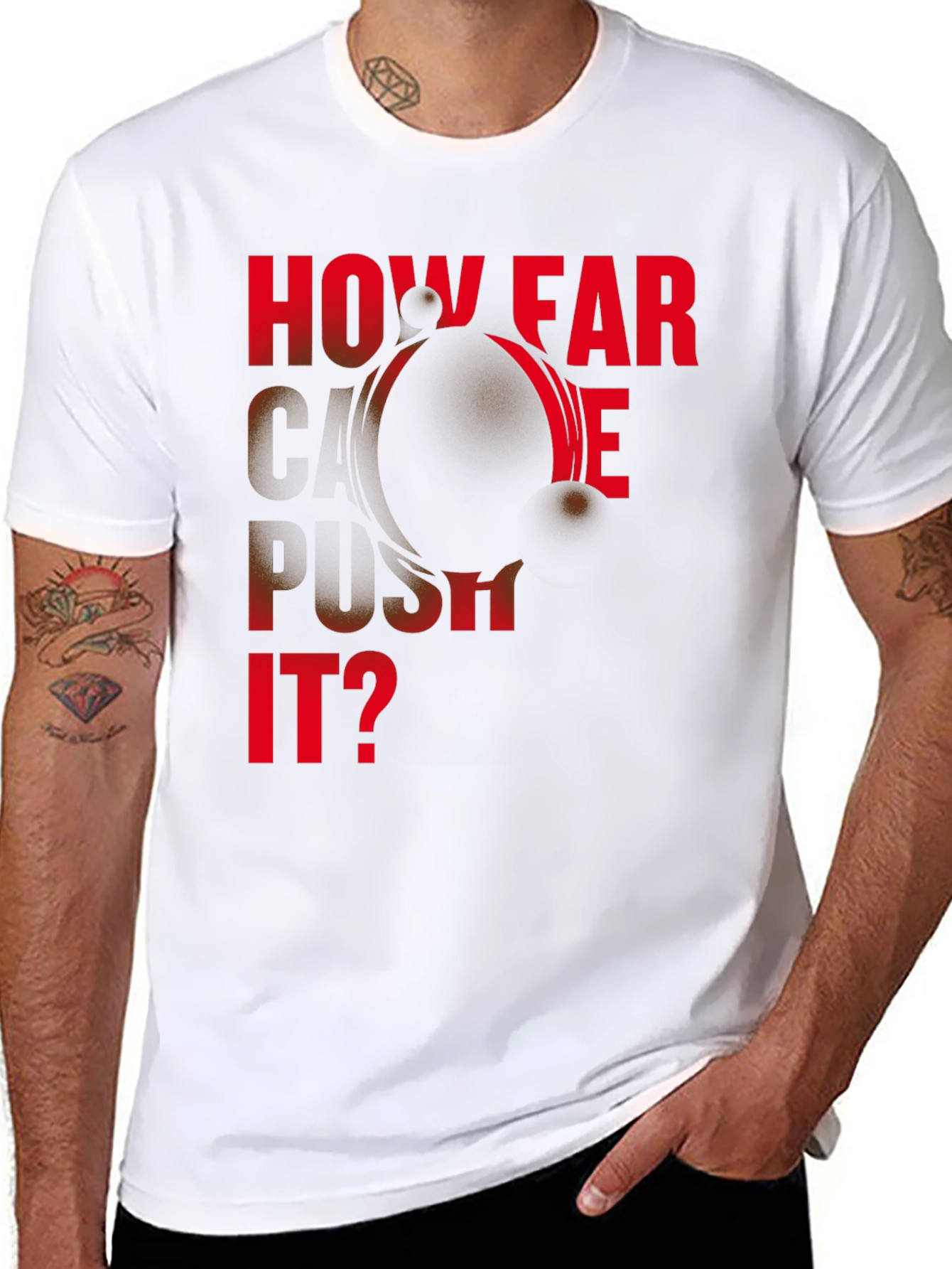 Black Motivational "How Far Can We Push It?" Black T-Shirt view 8