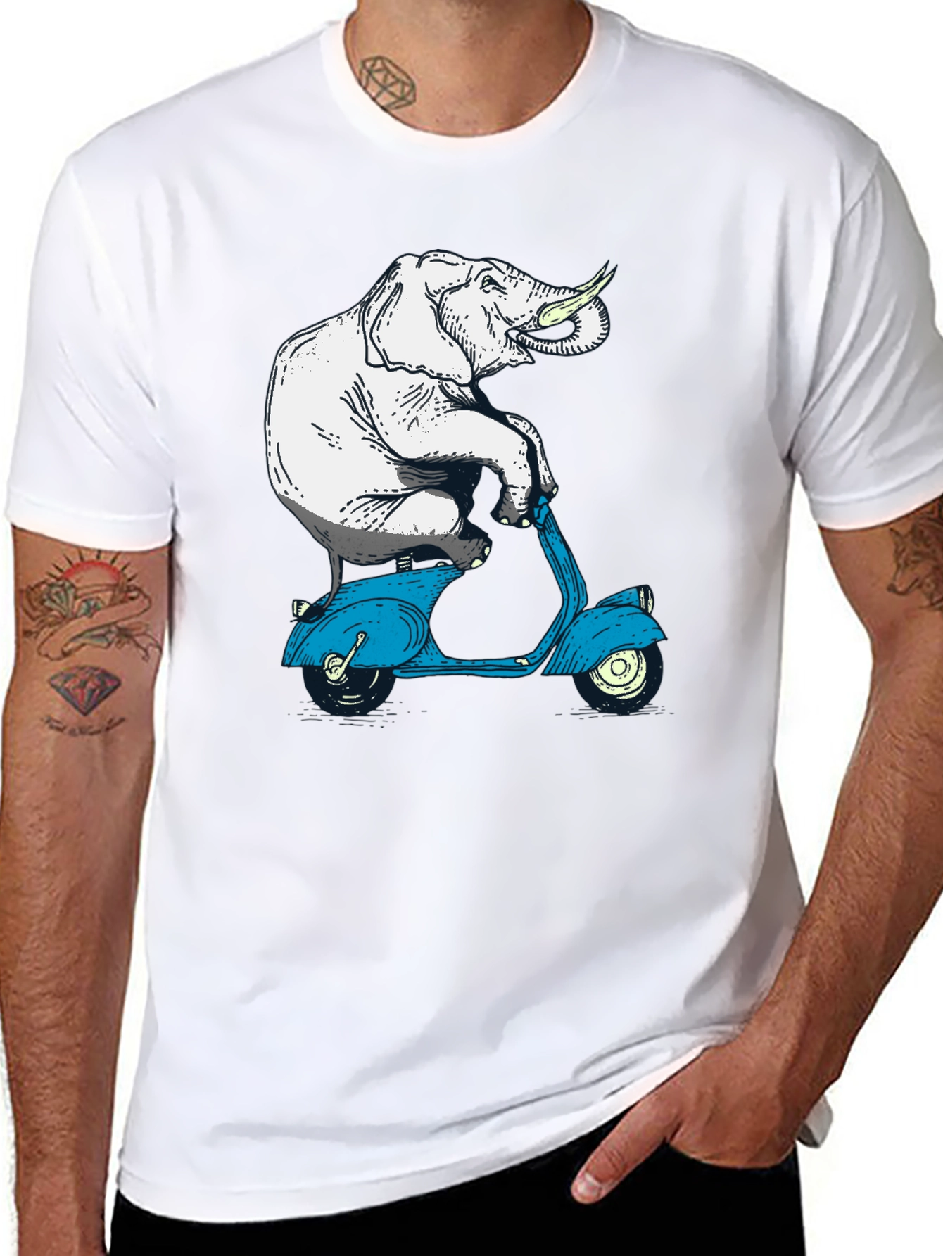 Black Elephant on Scooter Graphic Tee - Novelty Print T-Shirt view 8