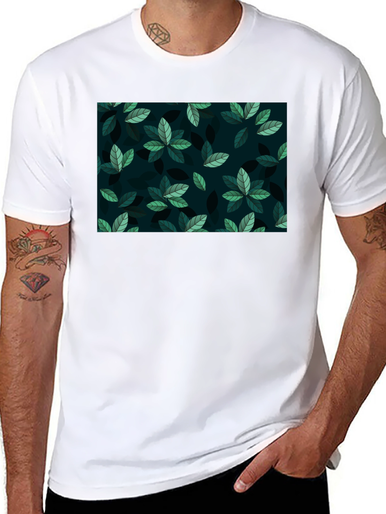 Black Leaf Pattern Crew Neck T-Shirt view 8