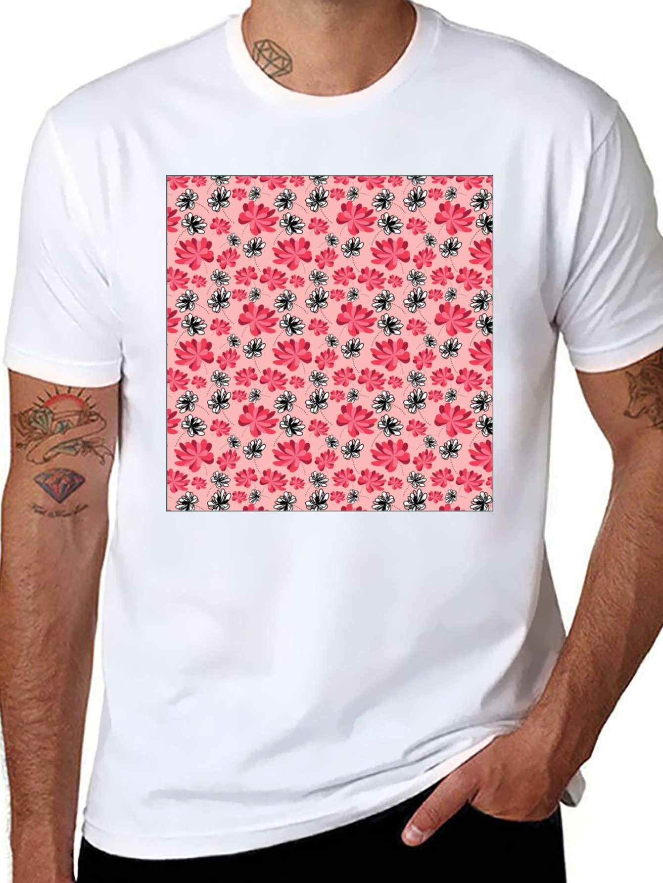 Black Floral Pattern Crew Neck T-Shirt view 8