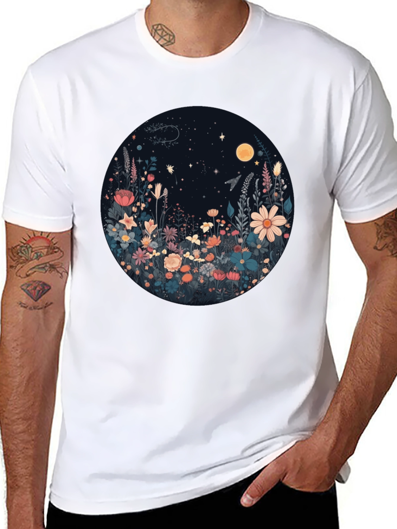 Black Floral Moon T-Shirt - Black Graphic Tee view 8
