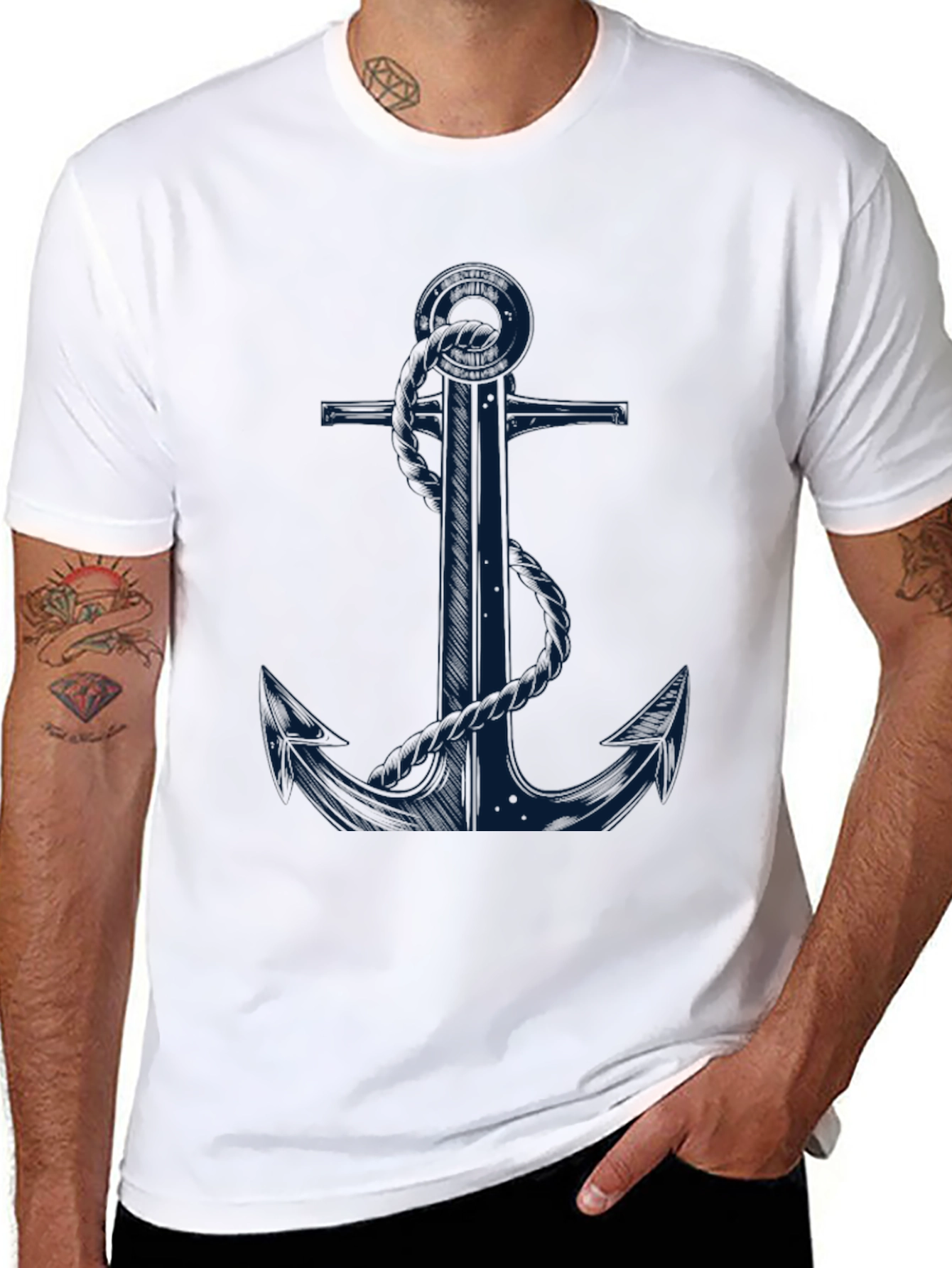 Black Nautical Anchor Graphic Tee - Black Cotton Blend view 8