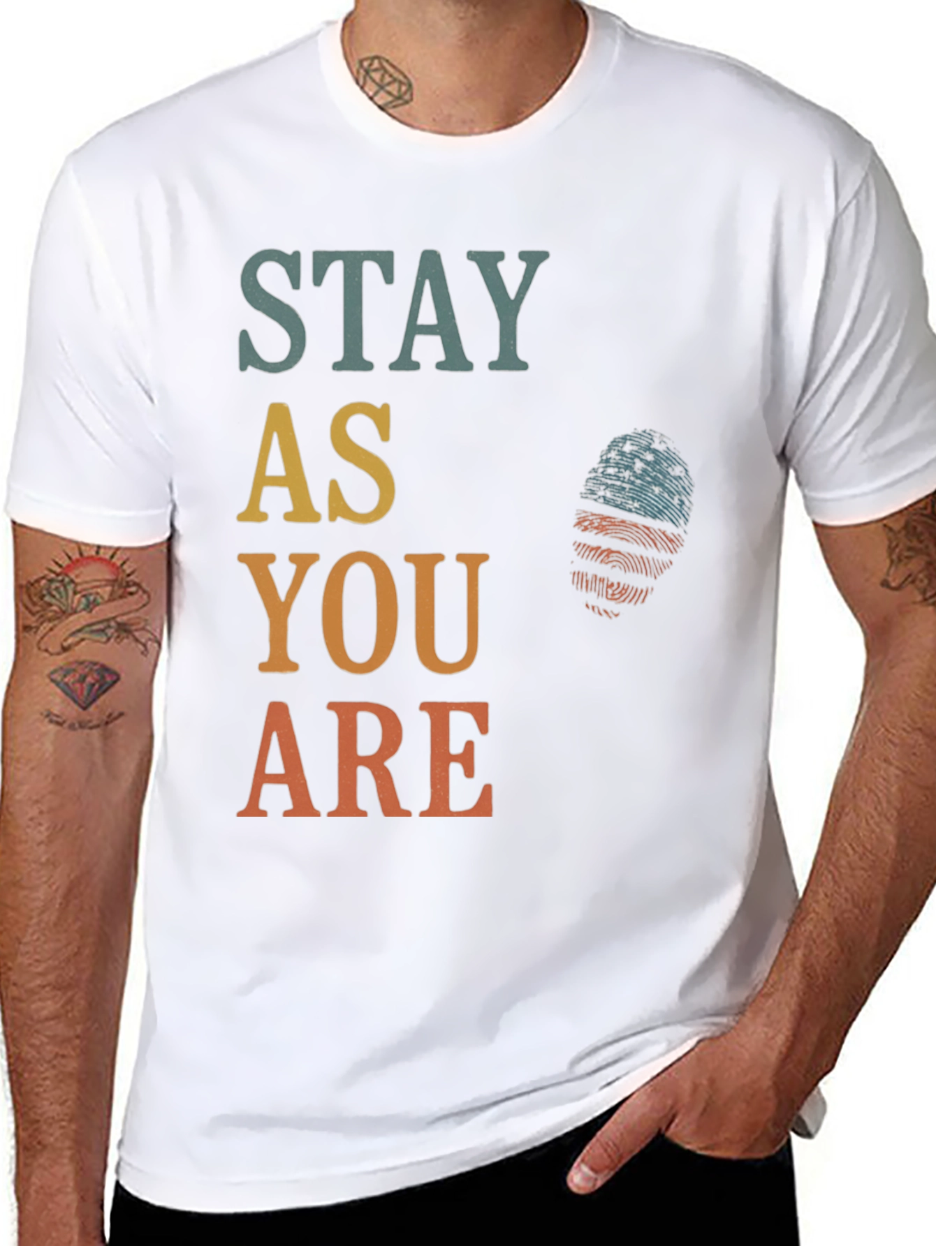 Black Stay As You Are Graphic Tee - Patriotic Fingerprint Design view 8