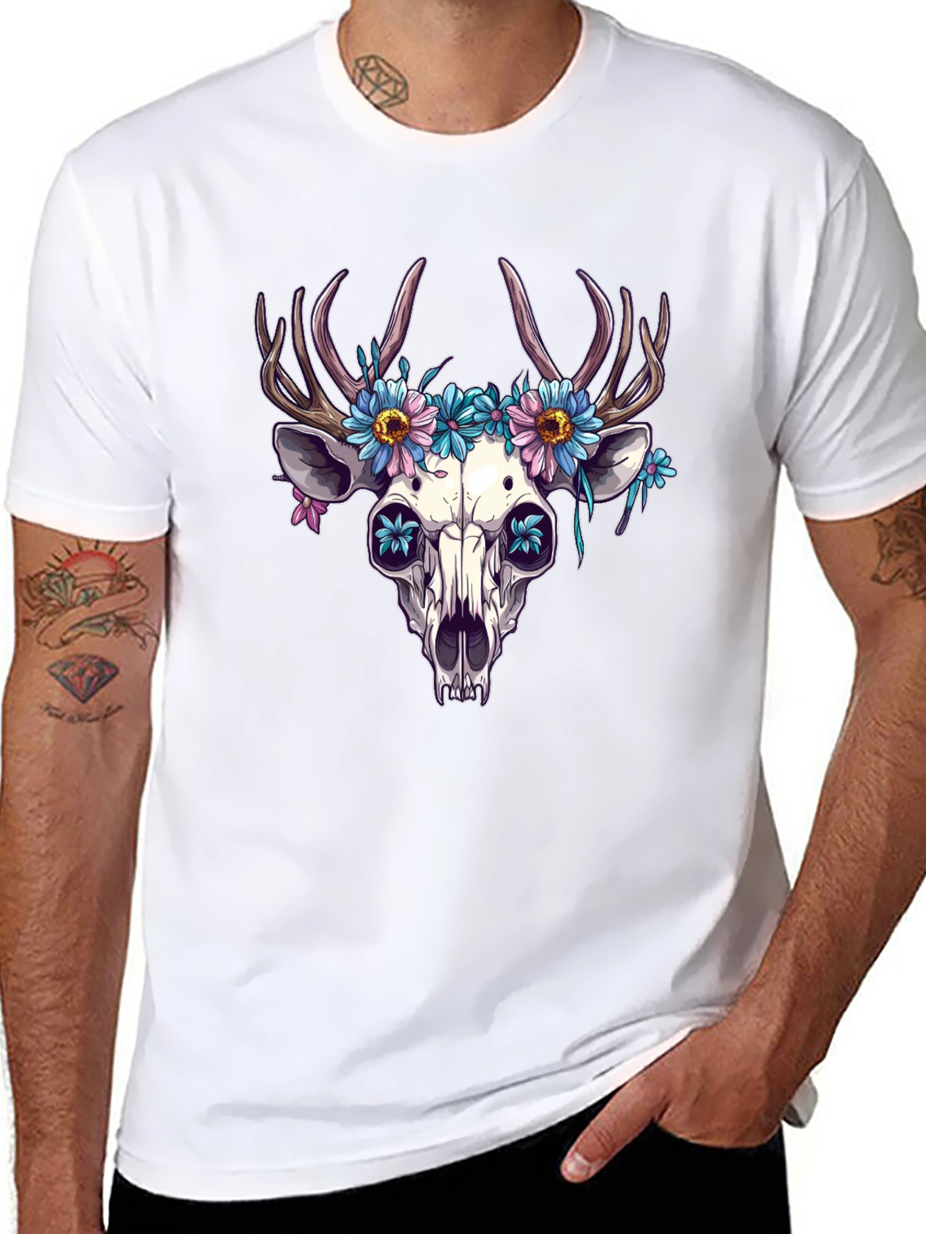 Black Floral Deer Skull Graphic Tee - Edgy Style view 8